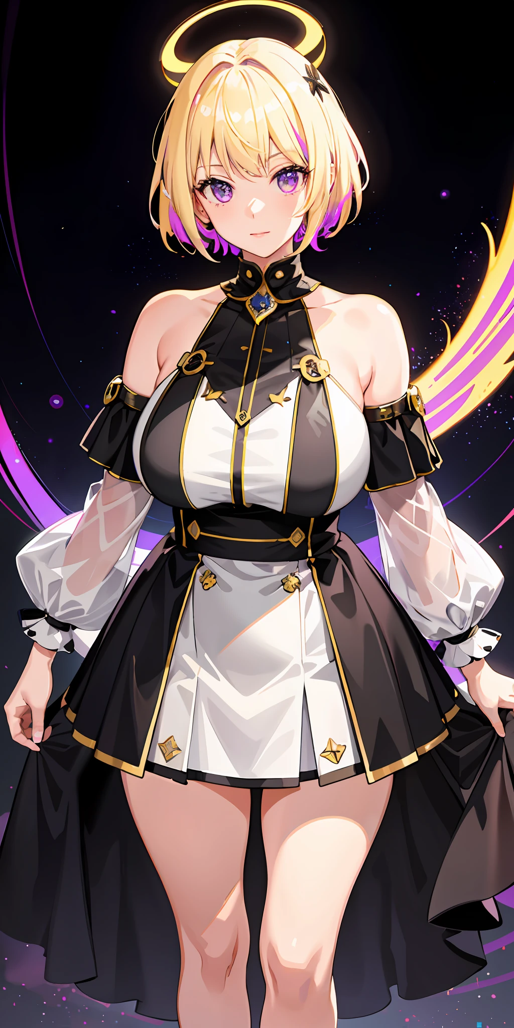 a 1girl, bright, blonde, short hair, multicolored hair, purple eyes, saleme, head mask, side light, light particles, wallpaper, big, plump, plump idol, idol costume, loose, fluffy, quiet, smiley, cute, mature, gentle, clear, sexy