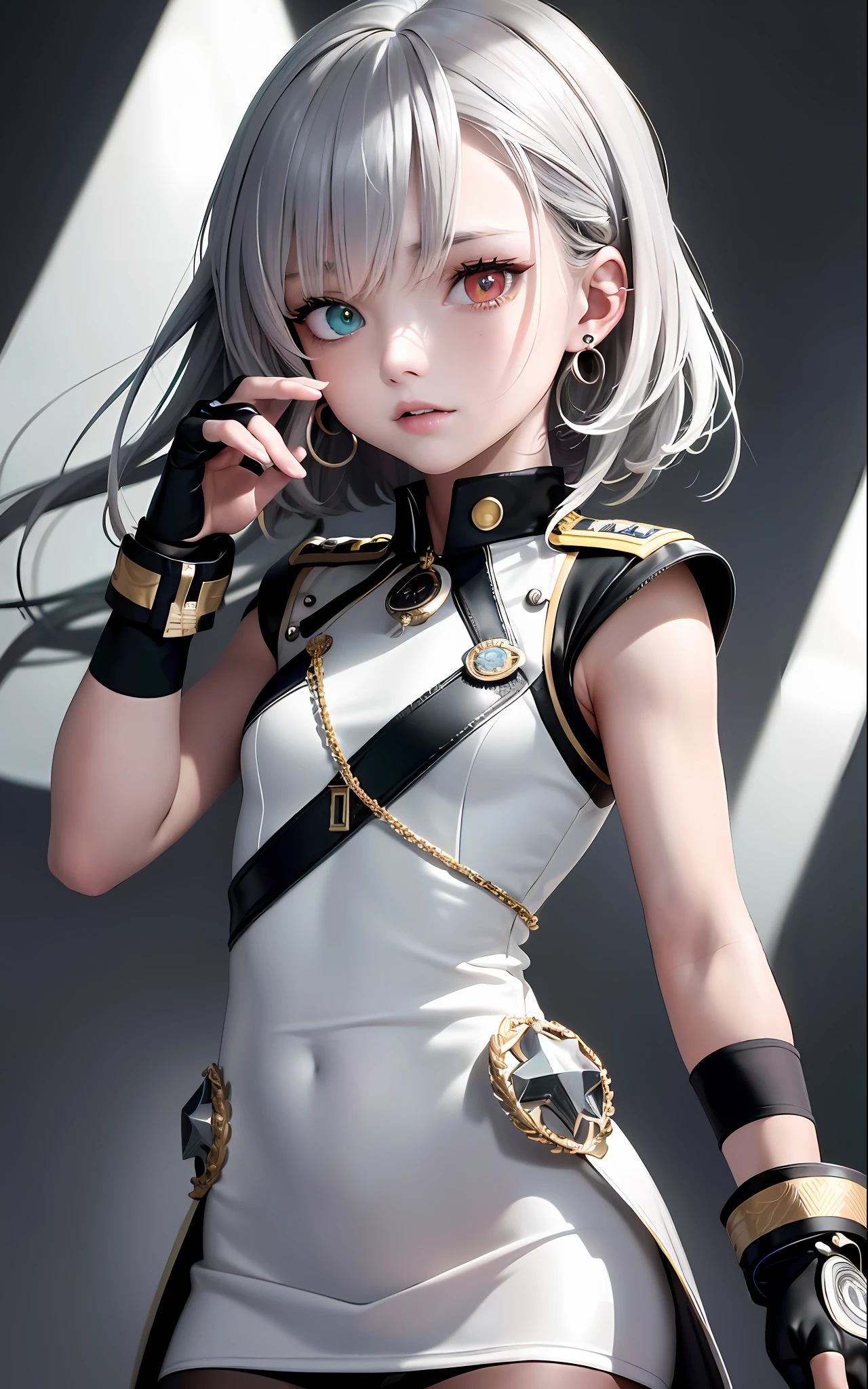 Best, Masterpiece, High Resolution, Best Quality, Ultra HD, Super Detail, Award-Limited, 16k, (Upper Body), Beautiful Girl, Gray Hair, Hair, ((Heterochromia)), Hanging Eye Corners, Fair Skin, (Small), (Slim Body), ((Military Uniform)), Stud Earrings, (Neck Rings), (Short Glove as Short as Half the Palm)