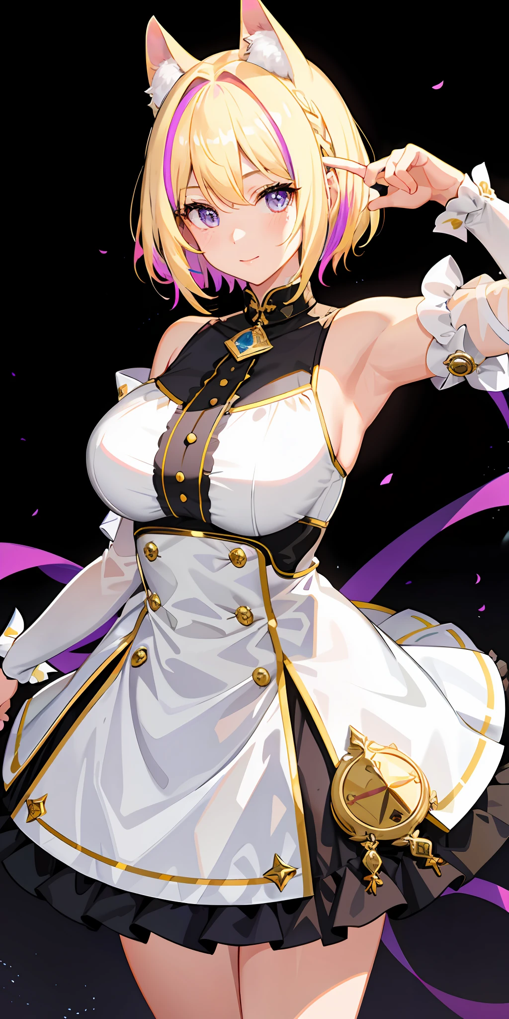 a 1girl, bright, blonde, short hair, multicolored hair, purple eyes, saleme, head mask, side light, light particles, wallpaper, big, plump, plump idol, idol costume, loose, fluffy, quiet, smiley, cute, mature, gentle, clear, sexy