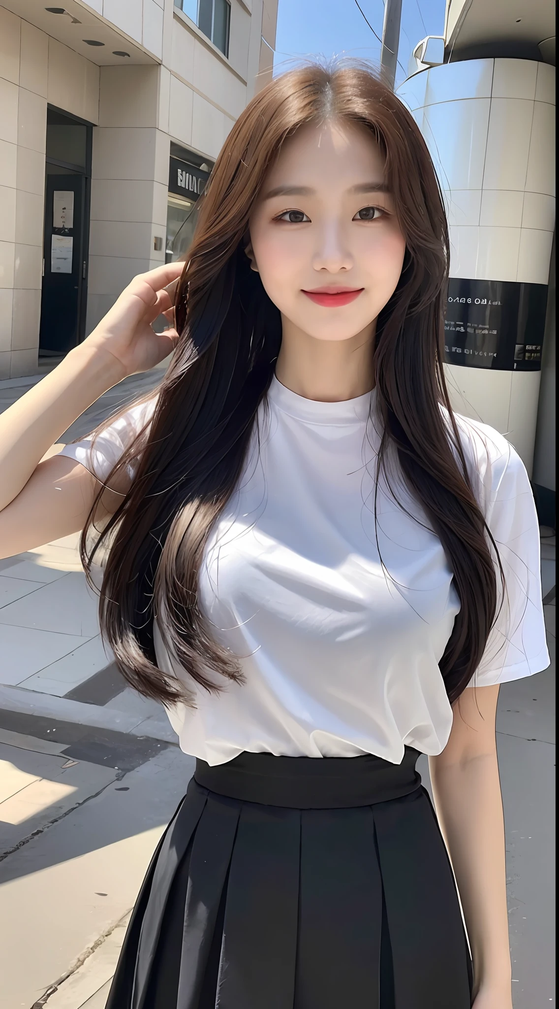 (1 Korean star with royal sister style), ((best quality, 8k, masterpiece: 1.3)), focus: 1.2, perfect body beauty: 1.4 , (smile), (Street: 1.3), highly detailed face and skin texture, fine eyes, double eyelids, whitening skin, (big wave hairstyle: 1.3), (round face: 1.5), (straight skirt: 1.4),