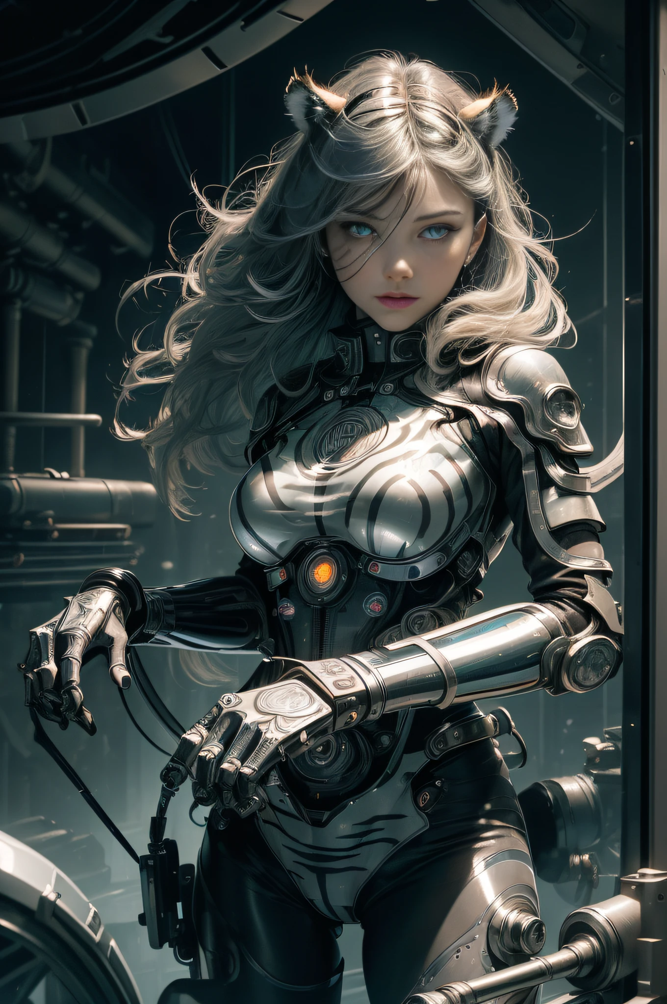 [Detailed illustrations, art based on extremely ideal anatomy, very detailed and detailed drawings, slow and delicate lines, realistic texture expression],((Accurate simulation of light-material interactions, understanding of air flow, mechanically correct expression)),(Design built at a high level,((Advanced structural understanding)),Ideal color coordination),((Complex decoration ( Ultra-dense detail)),(Detail,High Definition)(Color tressed lines)),(Artwork with outstanding craftsmanship),(Fine and beautiful skin expression (transparency)))),(Perfect and beautiful face,Realistic face detail),(Perfect eye (Realistic pupil detail (Beautiful iris drawn in detail) (Sharp pupil))),((Perfectly proportioned and perfectly proportioned)),(Lab background),[ Girl Japanese Beauty Cyborg 17 years old Wild Hair] Muscular, KARATE (Mechanical arm (built-in engine: 0.4)),[Black Leather Jacket] (Black Belt),((Tiger) (Translucent Fitting Rubber Inner)) (((Tiger Stripe))),((Chrome Coated)),(Science Fiction Mechanical Bioengineering),[ Ultra-precision detail,[ultra-precision detail,high-quality,high resolution,((multi-layered texture))],((visual art that conveys a sense of narrative)).