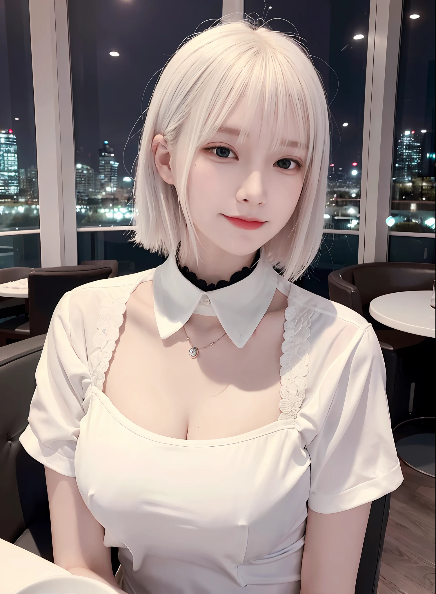 (8k, top quality, masterpiece: 1.2), (realistic, photorealistic: 1.37), super detailed, girl alone, cute, one, beautiful detailed sky, detailed café, night, sitting, date, (blush), (smile: 1.15),(closed)small,beautiful fine eyes,(shirt with collar:1.1),night,wet,business wear,rain,white lace,(short hair:1.2),floating hair NovaFrogStyle,Pure White Hair,White Hair,White Hair