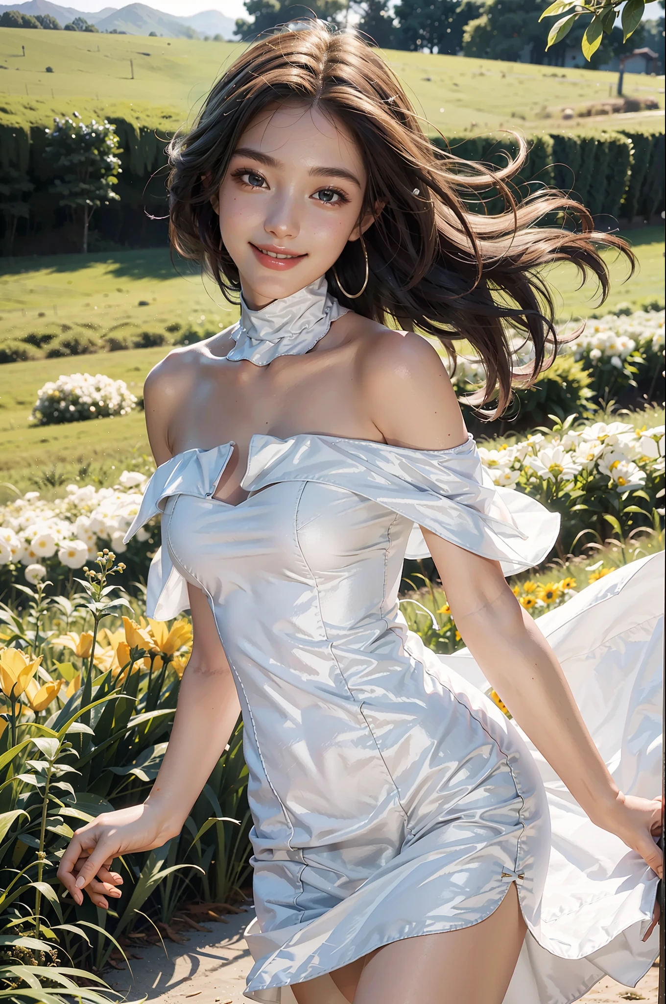 Best quality, masterpiece, super high resolution, 1girl, white dress, off-the-shoulder, field, glowing skin, light smile