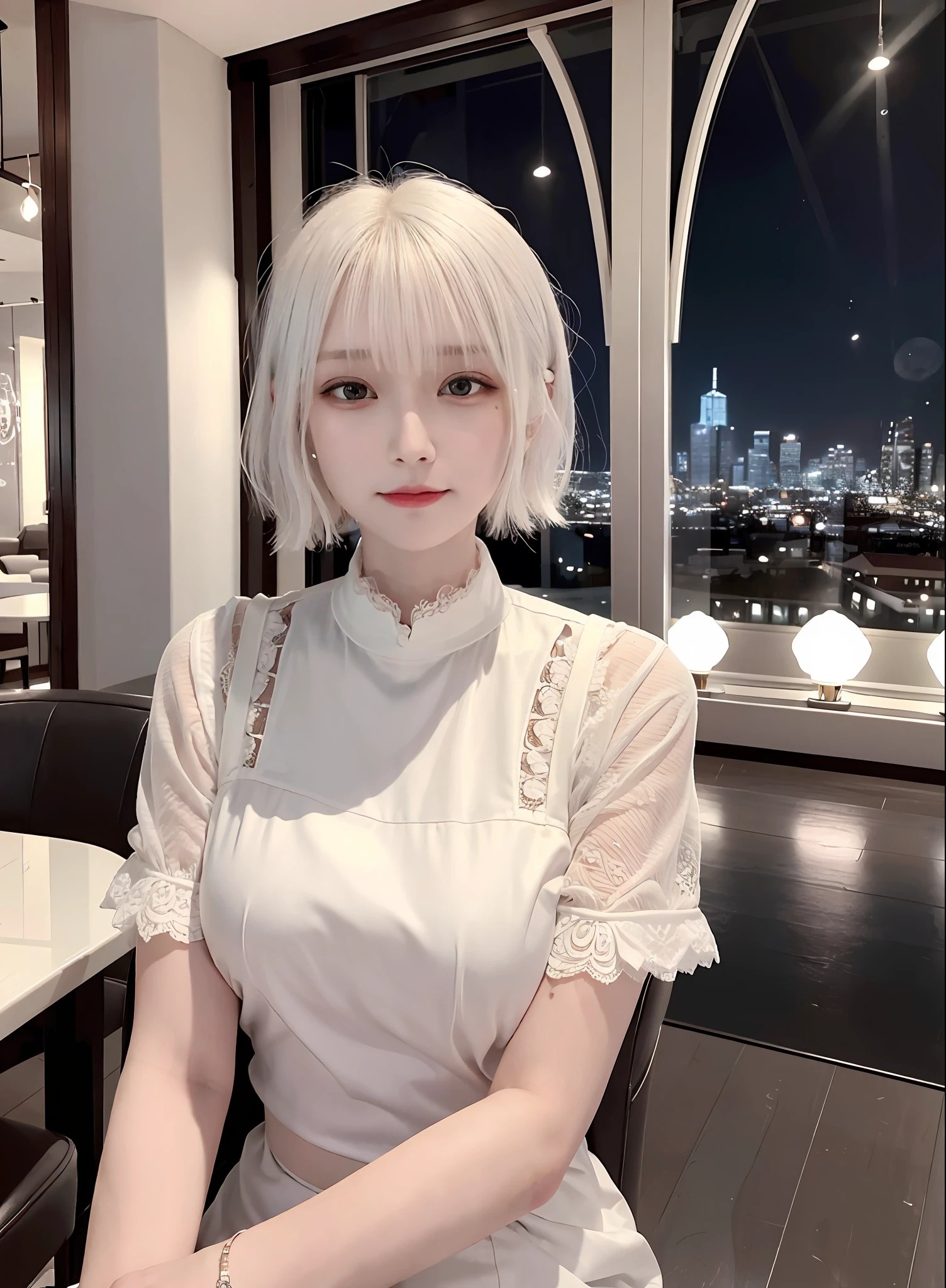 (8k, top quality, masterpiece: 1.2), (realistic, photorealistic: 1.37), super detailed, girl alone, cute, one, beautiful detailed sky, detailed café, night, sitting, date, (blush), (smile: 1.15),(closed)small,beautiful fine eyes,(shirt with collar:1.1),night,wet,business wear,rain,white lace,(short hair:1.2),floating hair NovaFrogStyle,Pure White Hair,White Hair,White Hair