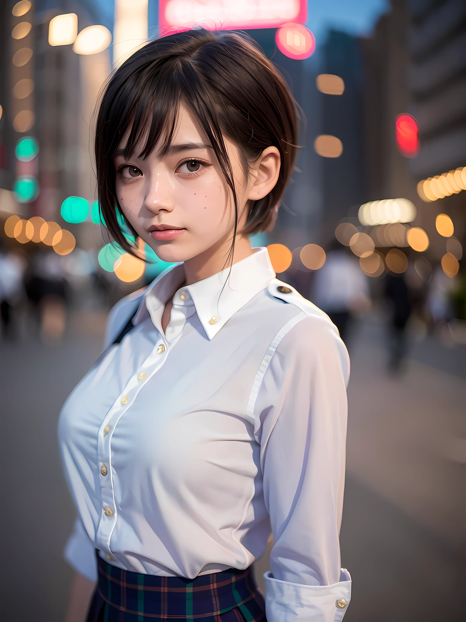 18 years old girl, (uniform: 1.5), (girl in uniform: 1.4, pleated skirt, button up shirt), tall, pleated skirt check, Tokyo street, night, movie lighting, face light, cityscape, city lights, Japan girl, upper body, face closeup, playful pose, freckles: 0.8, (short bob hair: 1.5), dull bangs, hair up, smile, (8k, RAW photos, top quality, masterpieces: 1.2), (realistic, photorealistic: 1.3), (huge chest),