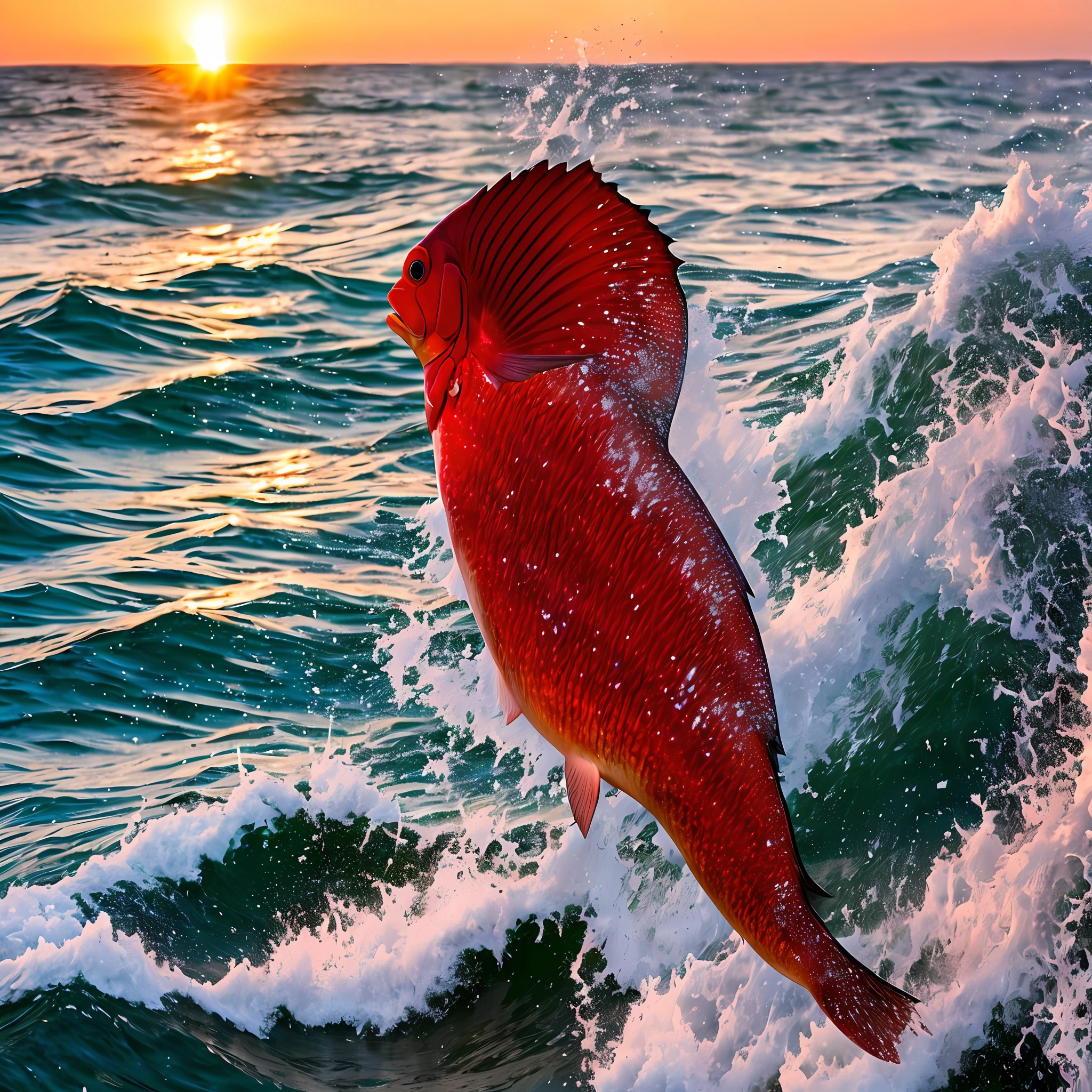 100 red snappers jumping high in the sky from the sea surface on the coastline where the morning sun rises --auto --s2