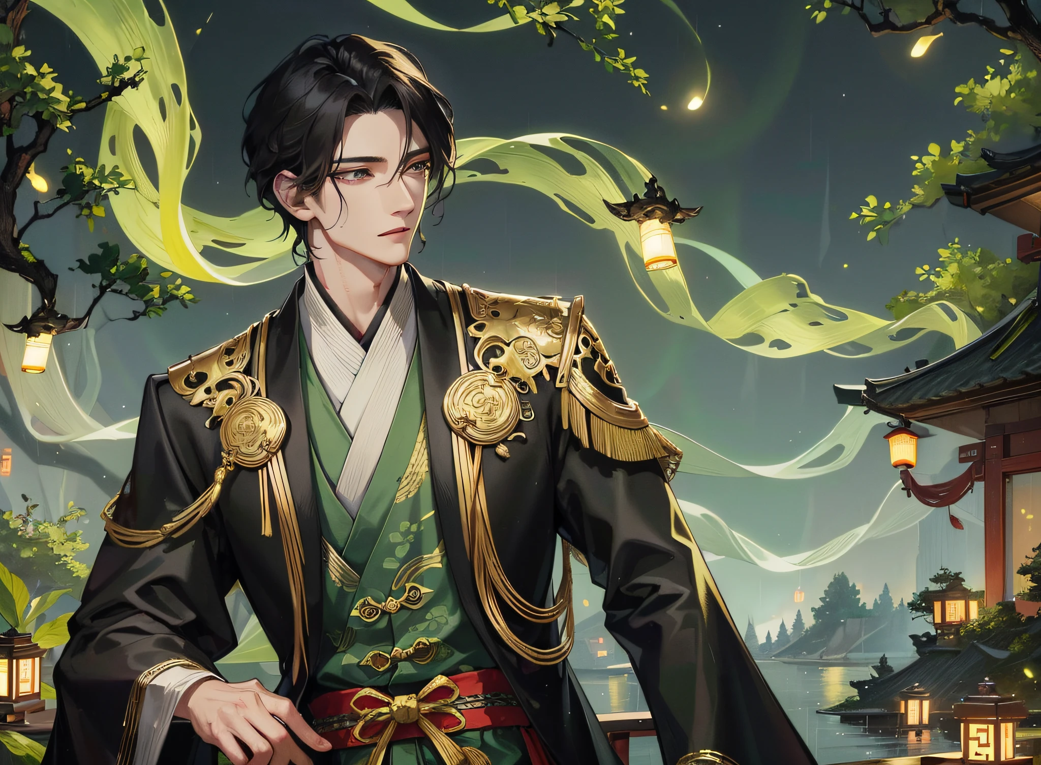 Masterpiece, superlative, outdoor night full moon, lakeside garden branches, fireflies, 1 male Chinese style, ancient Chinese short black hair, green eyes, handsome, masculine, gentle, tall and calm, black and gold mixed dragon pattern prince, delicate facial features and facial features on rainy days
