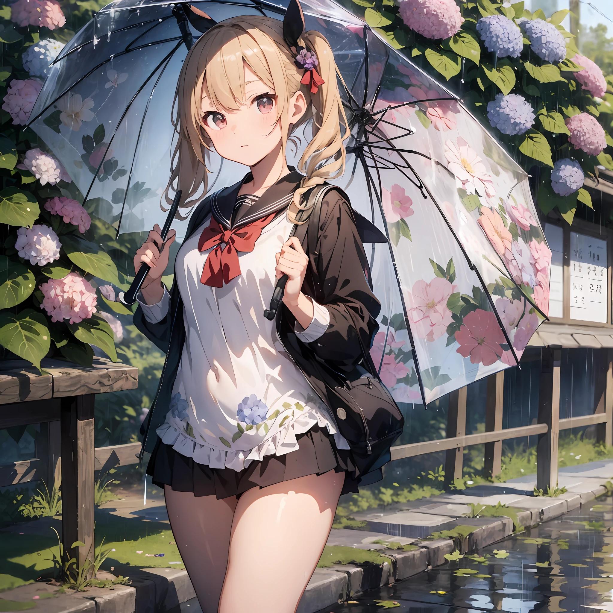 Focus on background, focus on the whole body, long shot focus, heavy rain, holding umbrella, hydrangea print printed umbrella, background is rural bus stop, old bus stop, night, hydrangea print sailor suit, wet sailor suit, rabbit ears, thick eyebrows, eye sungaki, small, pigtails, beautiful blonde, braid, (masterpiece), ((best quality)), (super detailed), full body anime girl, Clean and detailed face, beautiful eyes with high resolution, five fingers, textile shading, perfect human structure, perfect anatomy,