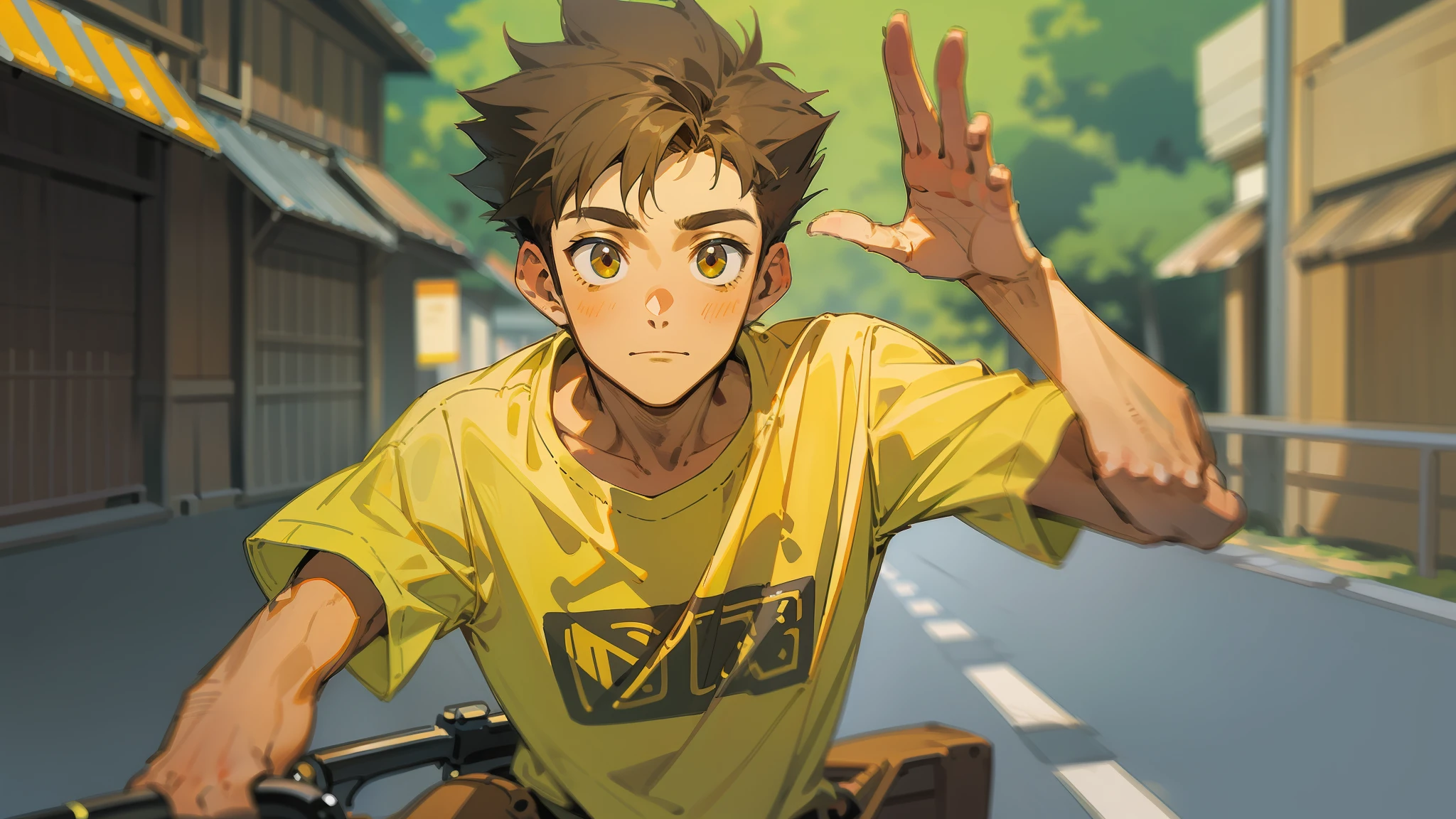 A young man of 23 years, mounted on a bicycle and waving his hand, sturdy jaw, short black hair, spiky cut, light brown eyes, white skin. yellow T-shirt, brown cargo shorts, seen from the front