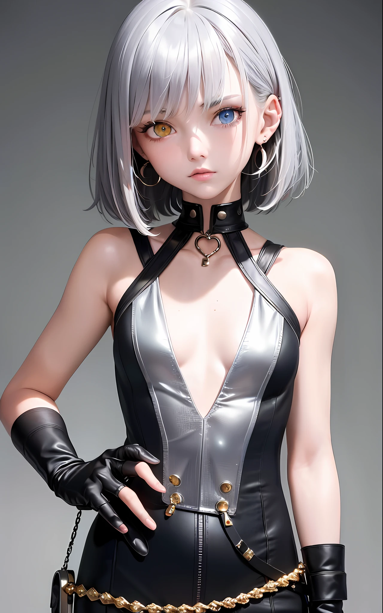 Best, Masterpiece, High Resolution, Best Quality, Ultra HD, Super Detail, Award-Limited, 16k, (Upper Body), Beautiful Girl, Gray Hair, Hair, ((Heterochromia)), Hanging Eye Corners, Fair Skin, (Small), (Slim Body), ((Military Uniform)), Stud Earrings, (Neck Rings), (Short Glove as Short as Half the Palm)