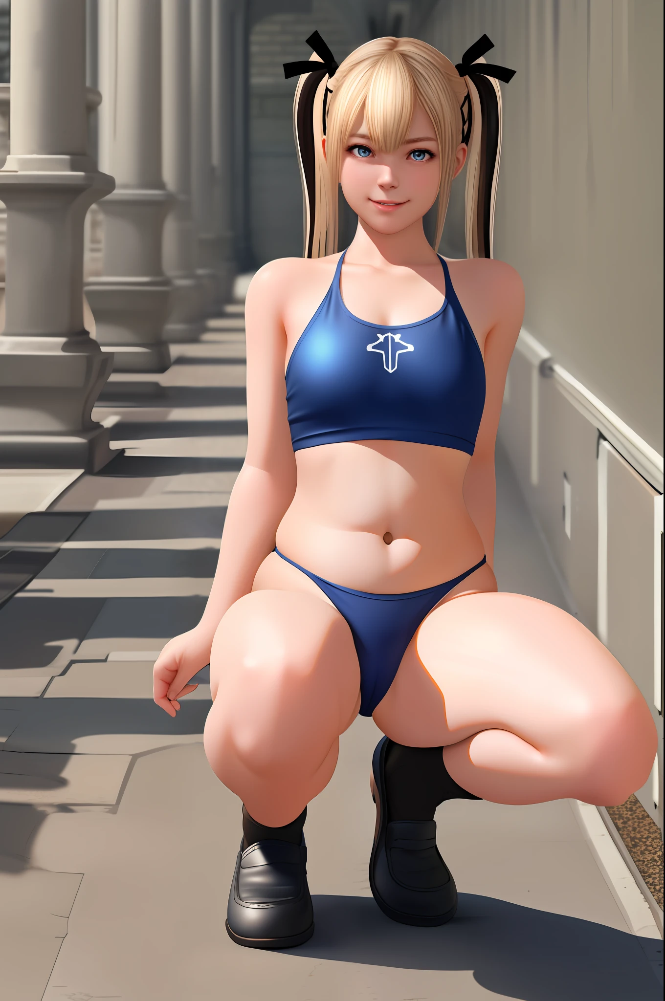 Best Quality, 8K Quality, High Quality, Detailed Images, 1 Girl, Solo, Full Body Marie Rose, Smile, Embarrassing, Blushing, Small Plump Breasts, Flat Breasts, Protrusion of the Tips of the Chest, Slender Body, Shiny Metallic, Dark blue micro bikini with a small cloth area, Strongly tucked into the crotch, Squatting pose on the ground, legs wide open, Hips protruding forward, Black high socks, Brown loafers, staring at viewer, body facing viewer, legs open to viewer, white thighs, stone hallway, professional lighting