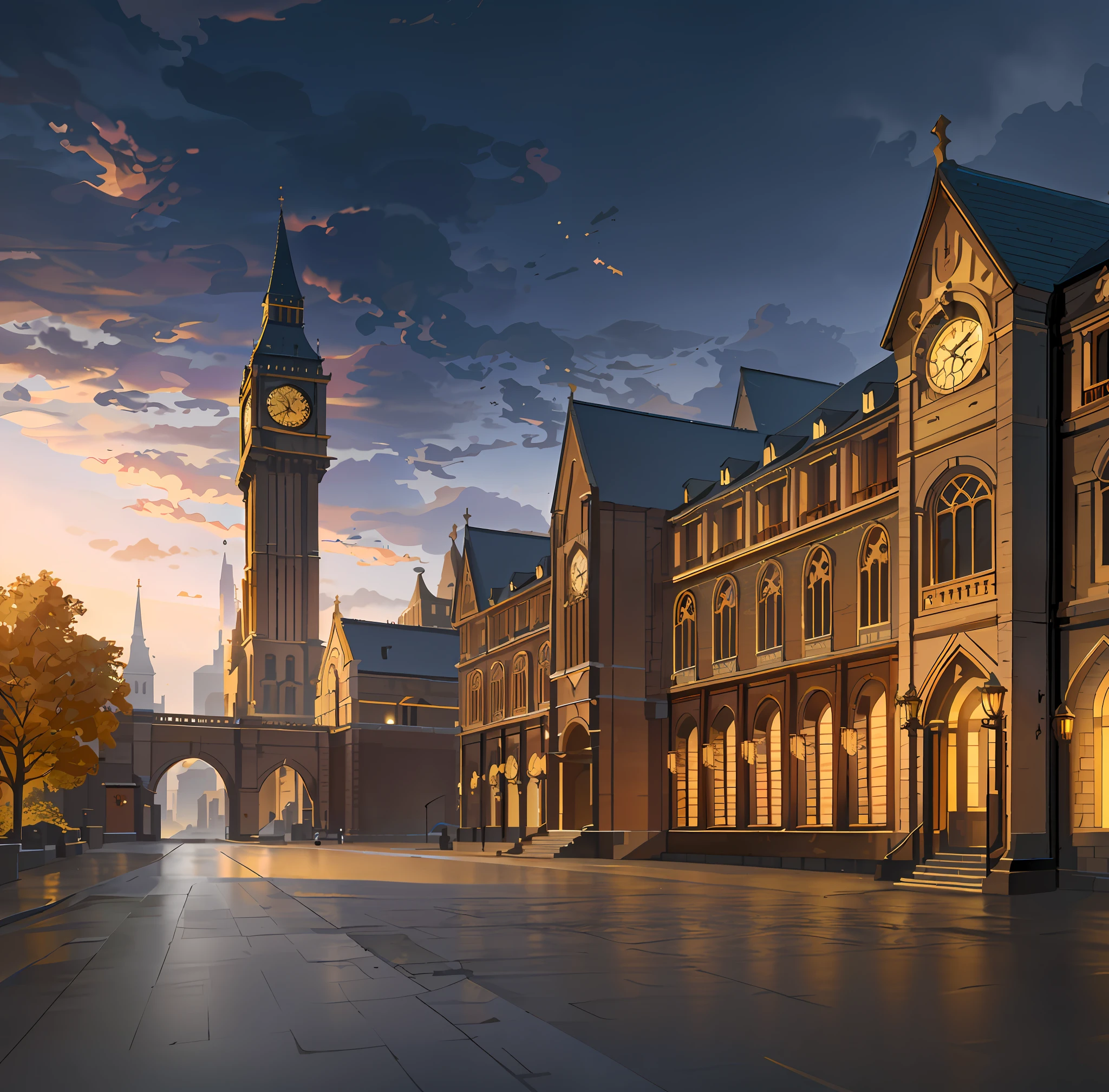 In the distance of the building is a clock tower, background artwork and global illumination. VFX, town background, Victorian city, stylized urban fantasy artwork inspired by Raphael Lacoste, Trevor Brown, CG artist, Victorian city, gaslight fantasy capital, Brian Thomas, concept art Very detailed concept art, stunning atmosphere of concept art, English street background, In the style of speed painting, graceful manga-inspiration, light bronze and dark amber, volumetric lighting, (illustration: 1.0), correction and emphasis of decoration and window details, spectacular composition, detail enhancement, detail enhancement. Realistic lighting, HD details, masterpiece, highest quality, (highly detailed CG Unity 8k wallpaper), (highest quality), decoration details