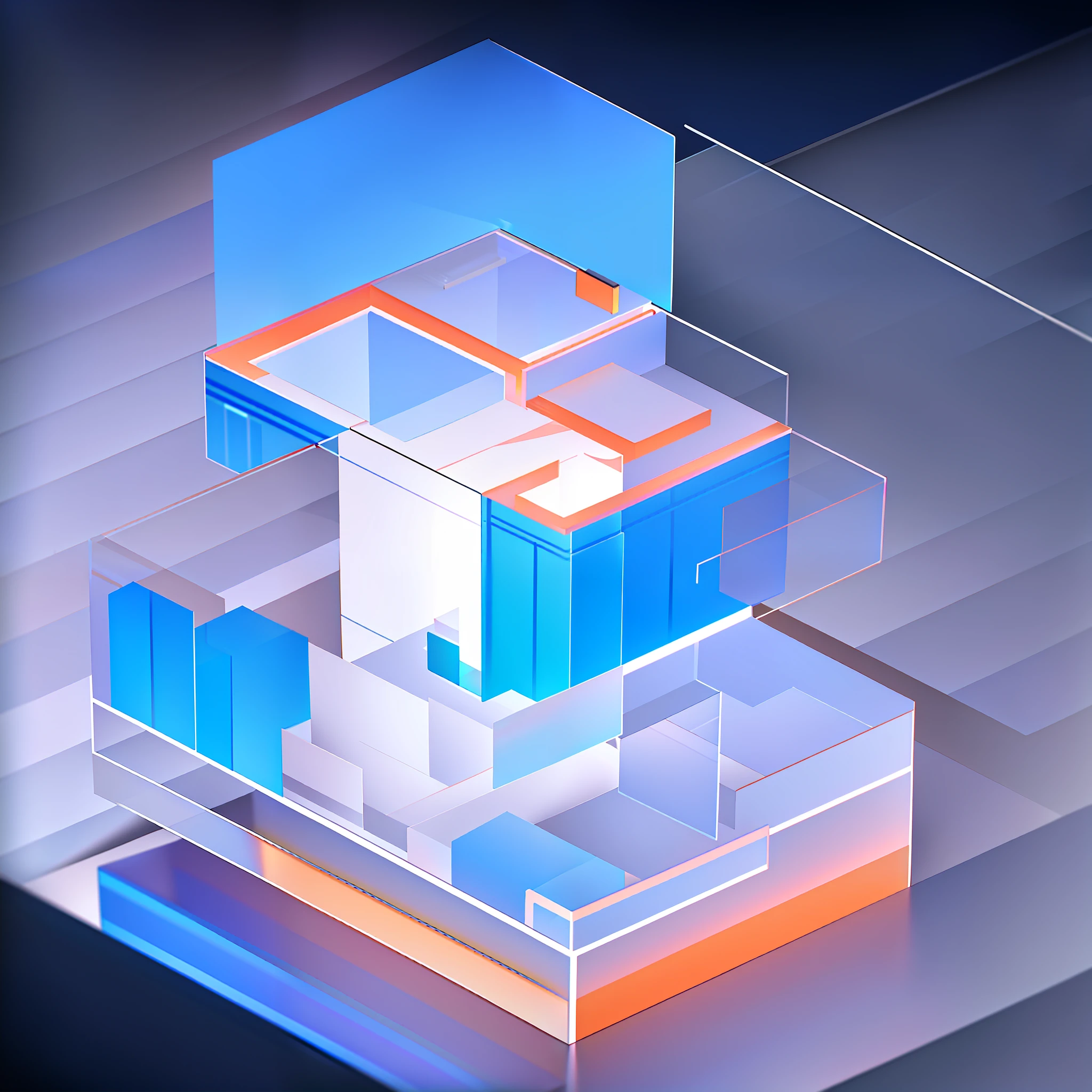 best quality, many details,4k,blender,octane render,C4D,transparent glass texture,DDicon,blue|orange, frosted glass, transparent technology sense, industrial design,white background,studio lighting, sunshine,flat, minimal,quasi-object，axisymmetric,Data,cube,file,