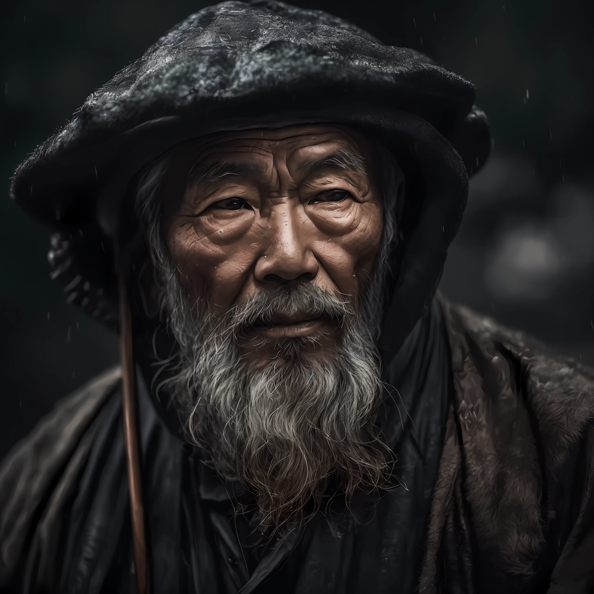 a close up of a man with a beard and a hat, by Raymond Han, cinematic. by leng jun, by Sun Kehong, by Zhang Han, 8k artistic portrait photography, asian human, by Victor Wang, cinematic shot epic portraits, wise old man, by Zheng Xie, by Xia Yong, an old man, cinematic portrait, stunning portrait