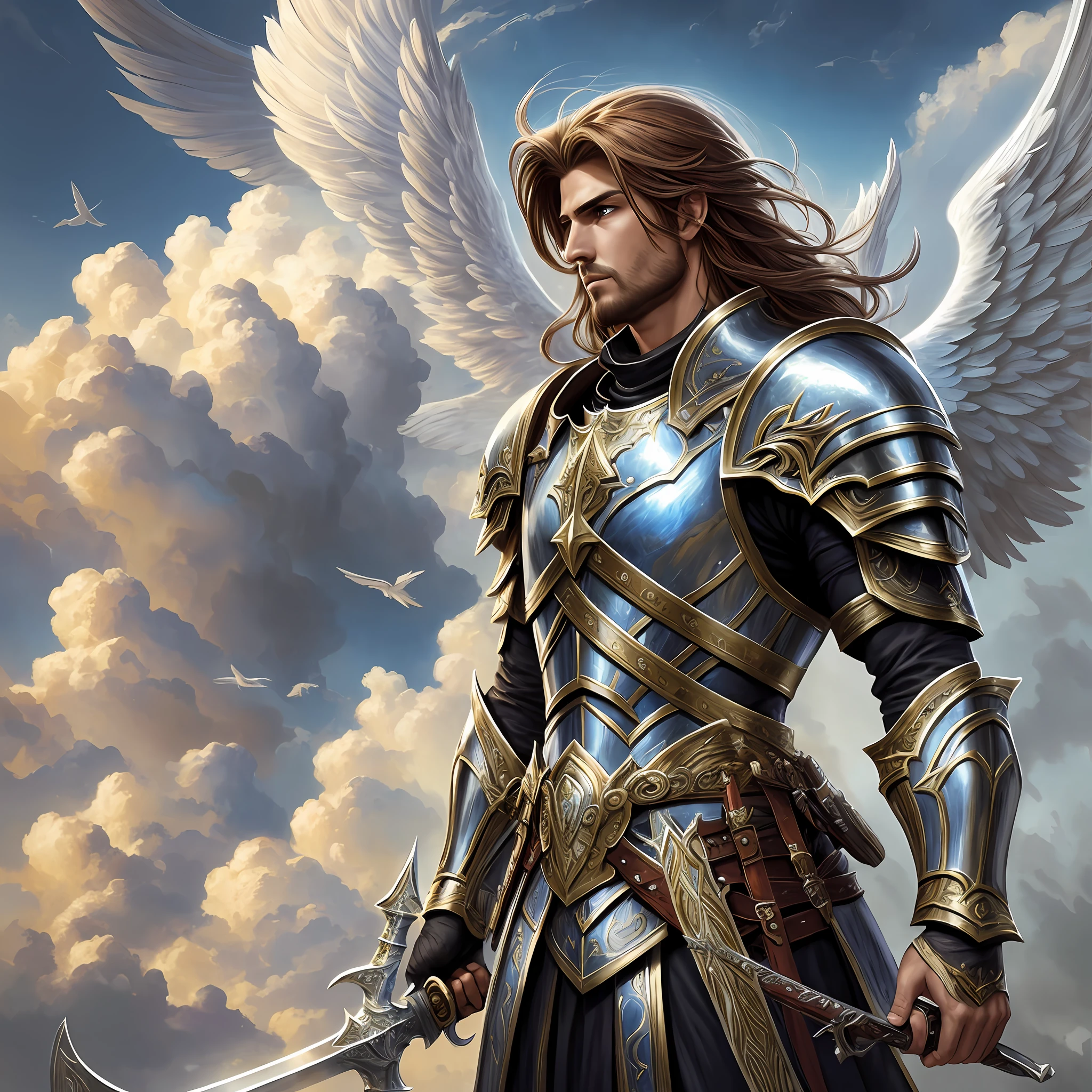 cabelos castanho claros, haired male with sword and wings in front of a cloudy sky, archangel michael, archangel, saint michael the angel, epic fantasy digital art style, artgerm. high detail, angel in plastic armor, fantasy male portrait, angelic, fantasy art behance, detailed digital 2d fantasy art, by Yang J, holy paladin, epic fantasy art style hd, pintura a oleo --auto --s2