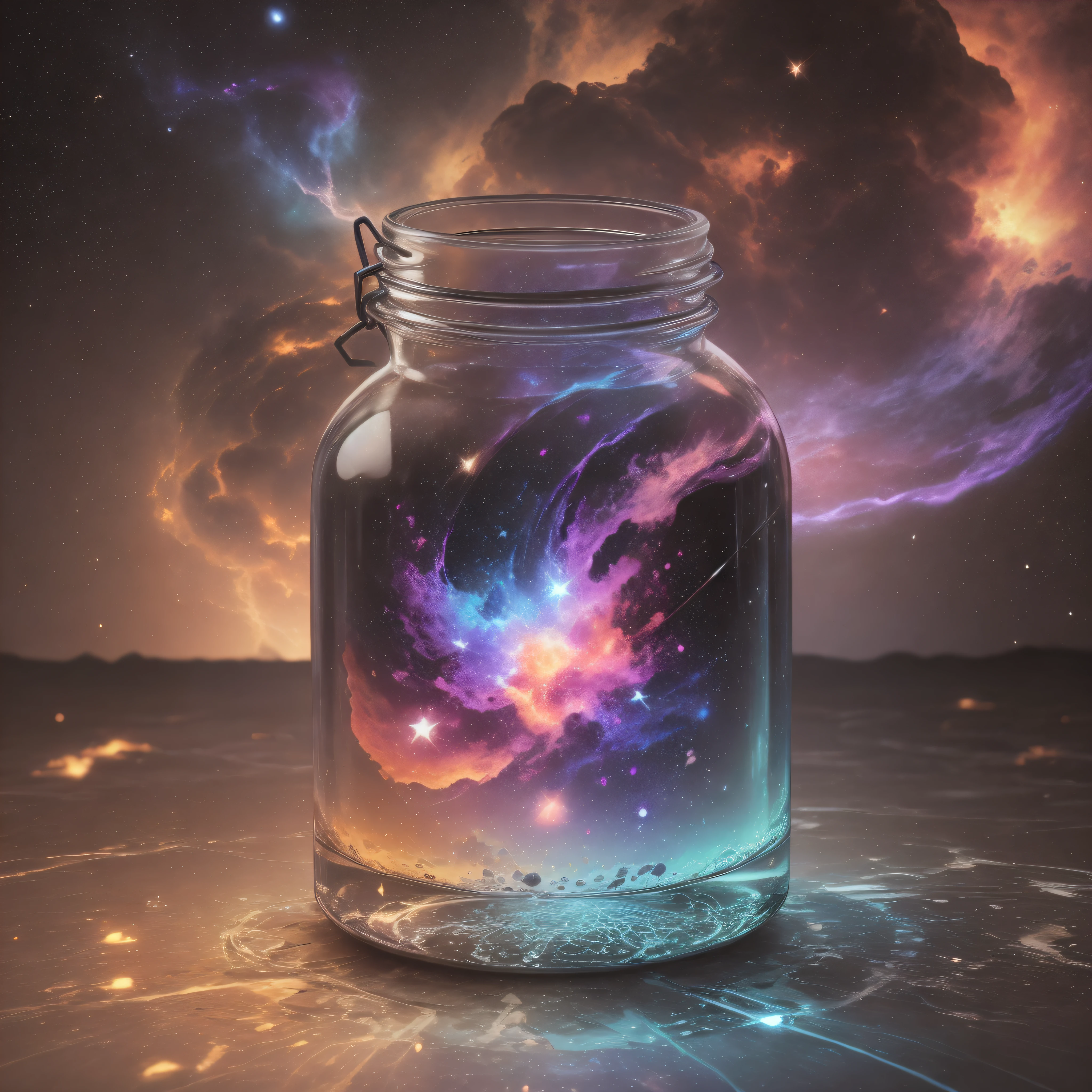 a close up of a glass jar with a colorful galaxy inside, galaxy in a bottle, lightning in a bottle, vial of stars, amazing wallpaper, glowing liquid, dreamscape in a jar, liquid glowing aura, cosmic energy, lava lamp, liquid fire, astral background, by Adam Marczyński, galactic energy, otherworldly visuals, wallpaper 4 k --auto --s2