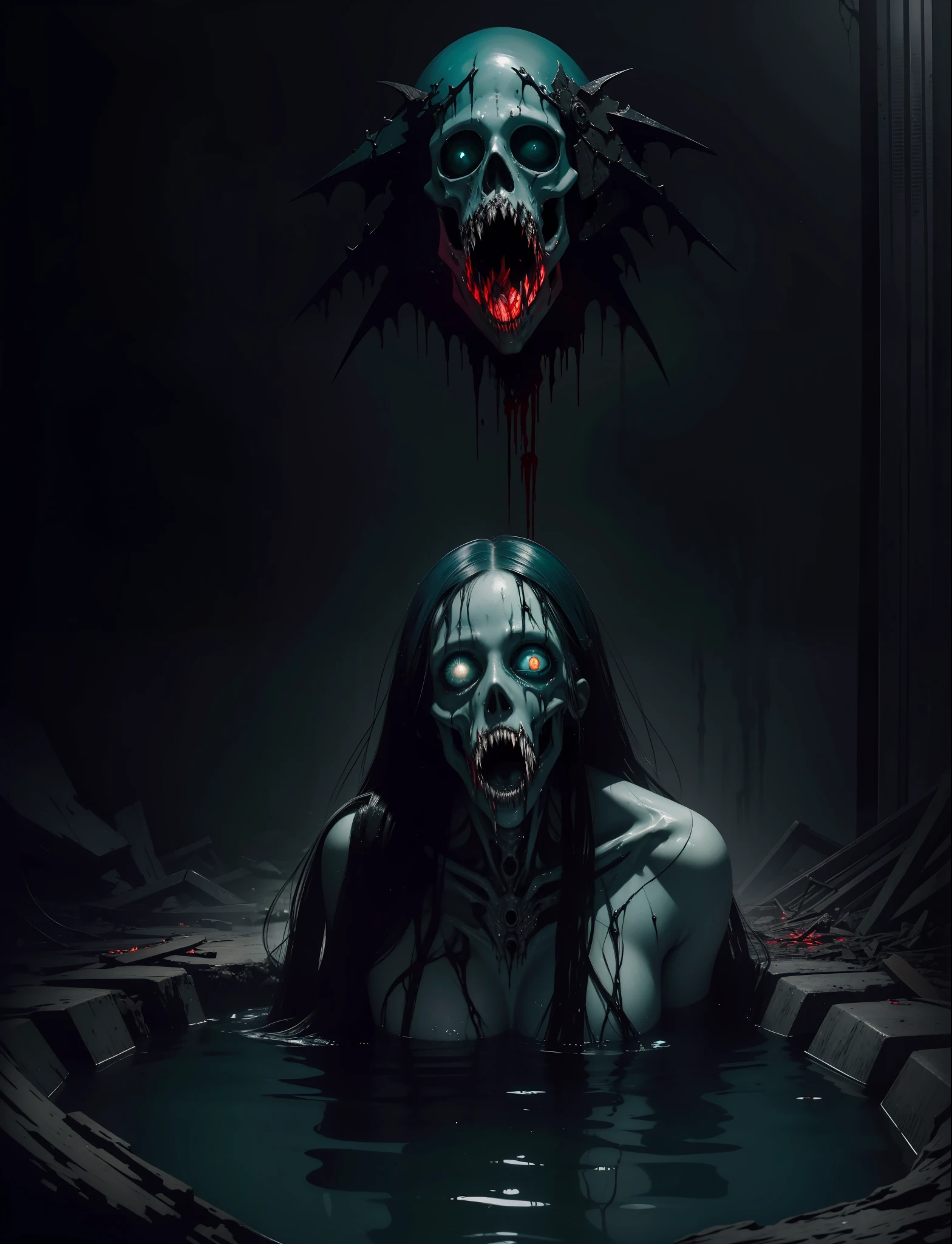portrait of the most beautiful form of chaos, elegant, a brutalist designed, vivid colours, romanticism, by apterus, (apterus creepy anatomy:1.3), ((ahegao)), rolling_eyes, ((head down)), an evil mermaid siren,Gray-green skin, black straight hair bathing in a pool of blood, sharp teeth, maniacal laughter, ((decay and spooky)), atmospheric, trending on artstation. 8 k masterpiece, ((symmetry)), death, decay, vengeful japanese ghost, spooky dark village