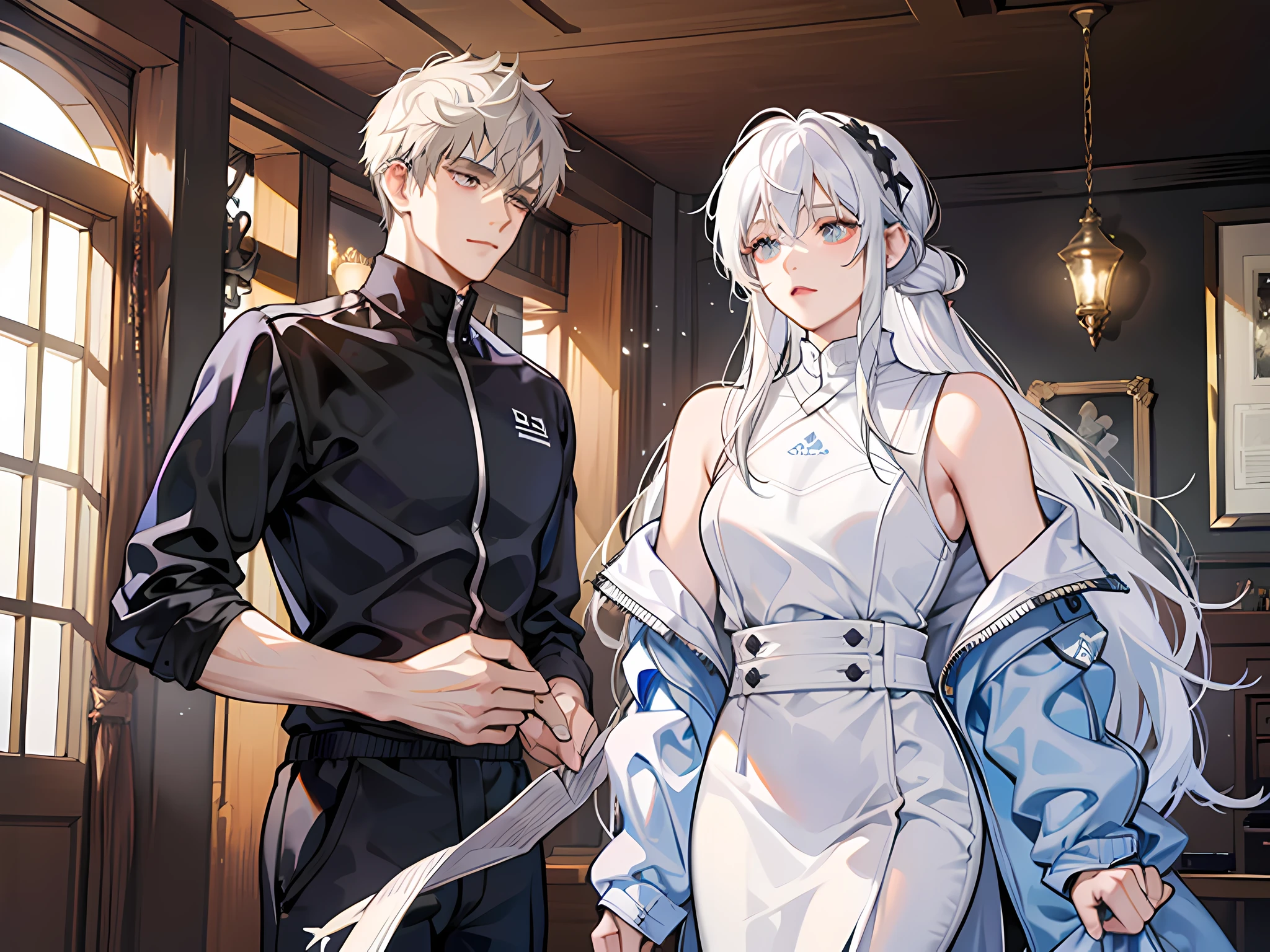 A man with short white hair wearing sportswear and a woman with long white hair wearing casual clothes talk in the room