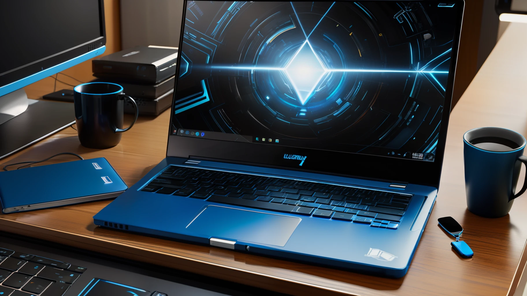 (ultra-detailed realistic photo:1.2, bouncy and colorful rendering:1.1, blue and black gaming notebook, black keys and flashing blue light, top view),(appears to be on a desk),(in an appropriate environment),(focus on the detail of the light around the keyboard),(shallow depth of field:0.8)