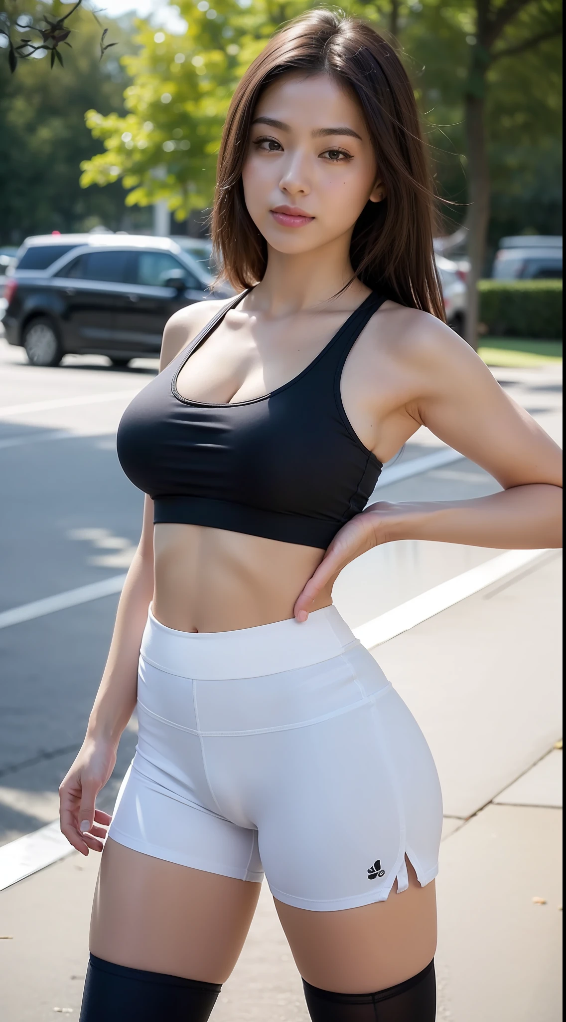 ((side face:1.2)), (upper body), 1girl, black sports bra, (white yoga short pants:1.4), (aegyo sal), large breasts, (light short twitails:1.2), ((puffy eyes)), looking away, [[smiling]], cute, full body, (running), (dynamic pose), public, park, outdoors, (cameltoe, vulvashaped:1.25), best quality, ultra high res, (64k, RAW photo, best quality, masterpiece: 1.45), (realistic, photo-realistic:1.37),