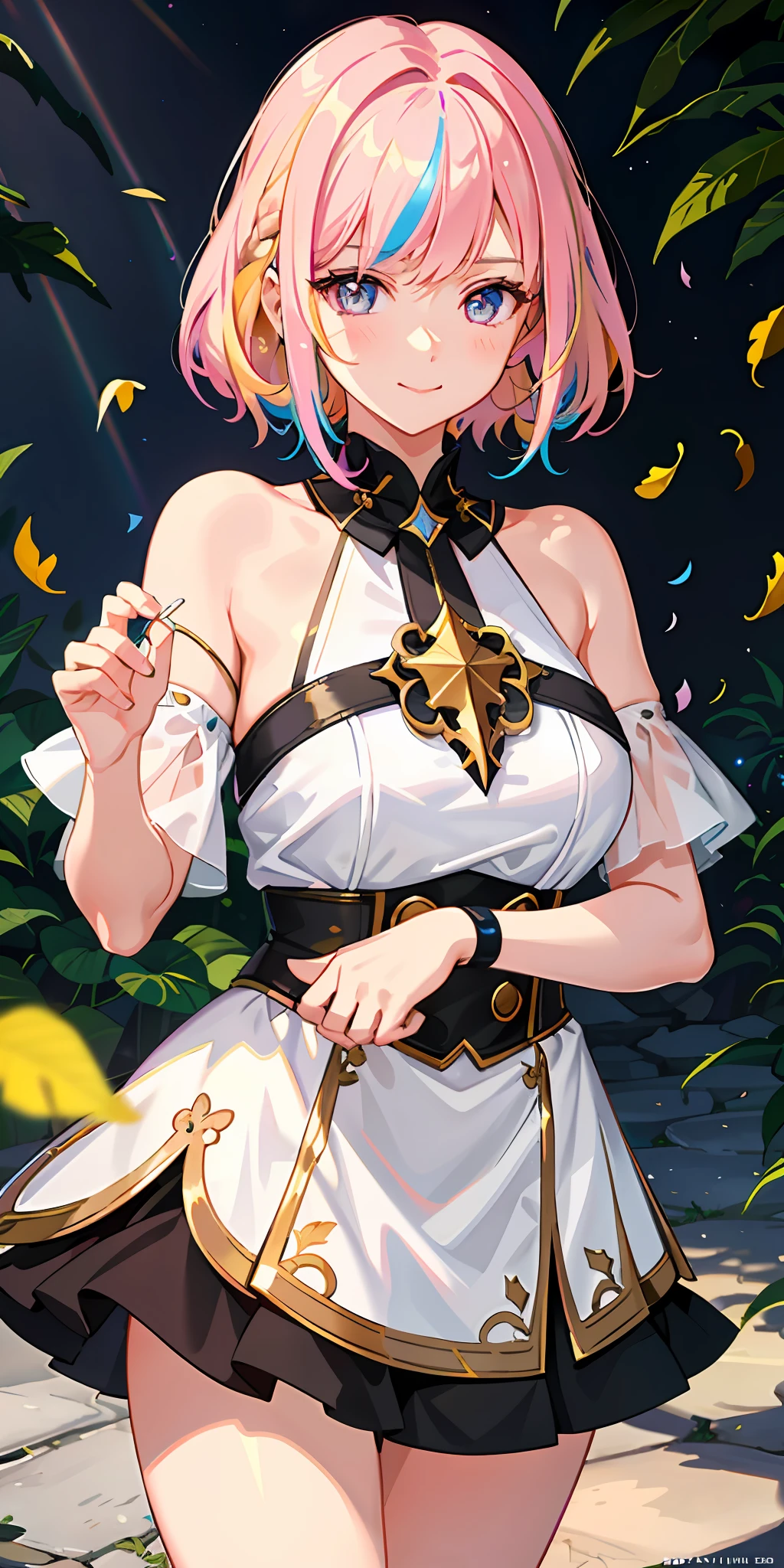 1 girl, bright, blonde, short hair, multicolored hair, purple eyes, saleme, head mask, side lights, light particles, wallpaper, big, plump, plump idol, idol costume, loose, fluffy, quiet, smile, cute, mature, gentle, clear, sexy (masterpiece), (highest quality), girl, ((super detailed)), (high definition CG illustration), (disheveled hair)), (1 girl), ( Solo), (Beautiful Caucasian Young Beautiful Girl), beautiful eyes, hair between the eyes, Asymmetrical bangs, hair behind the ears, hair above one eyebrow, delicate facial features, Urban_Fantasy, alchemist, (((delicate and beautiful)), (fantasy), detailed forest, (colorful variety of leaves), (rainbow)), (liquid), best shadow, sunlight, hollow, colorful, pink petals, golden leaves, (blue leaves), lens flare, pastel colors,