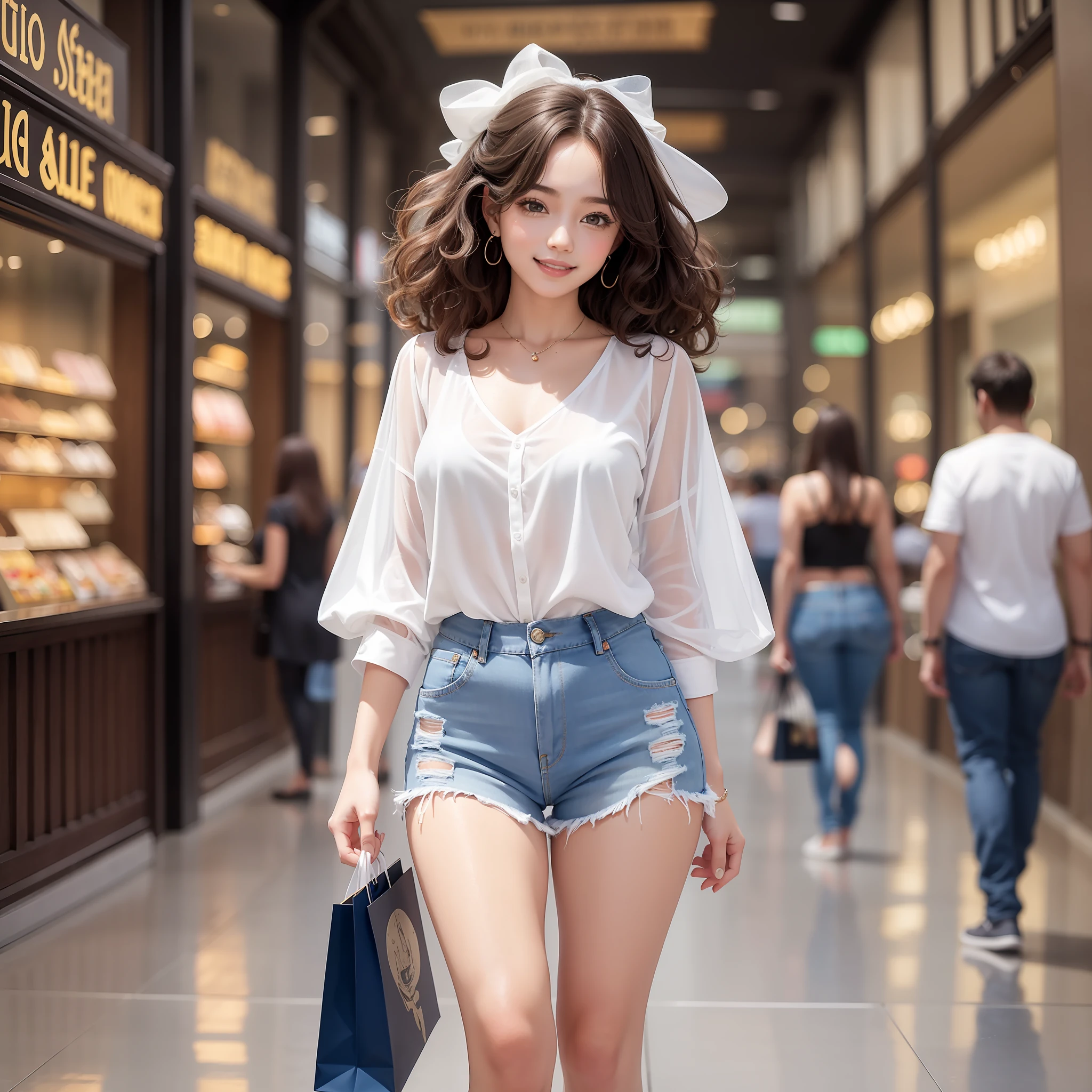 Masterpiece, best quality, super detailed,a beautiful girl,Curly hair, smile face,wearing white shirt and blue jeans, walking in the shopping malls, beautiful shopping malls background , detailed skin,8K, full body shot