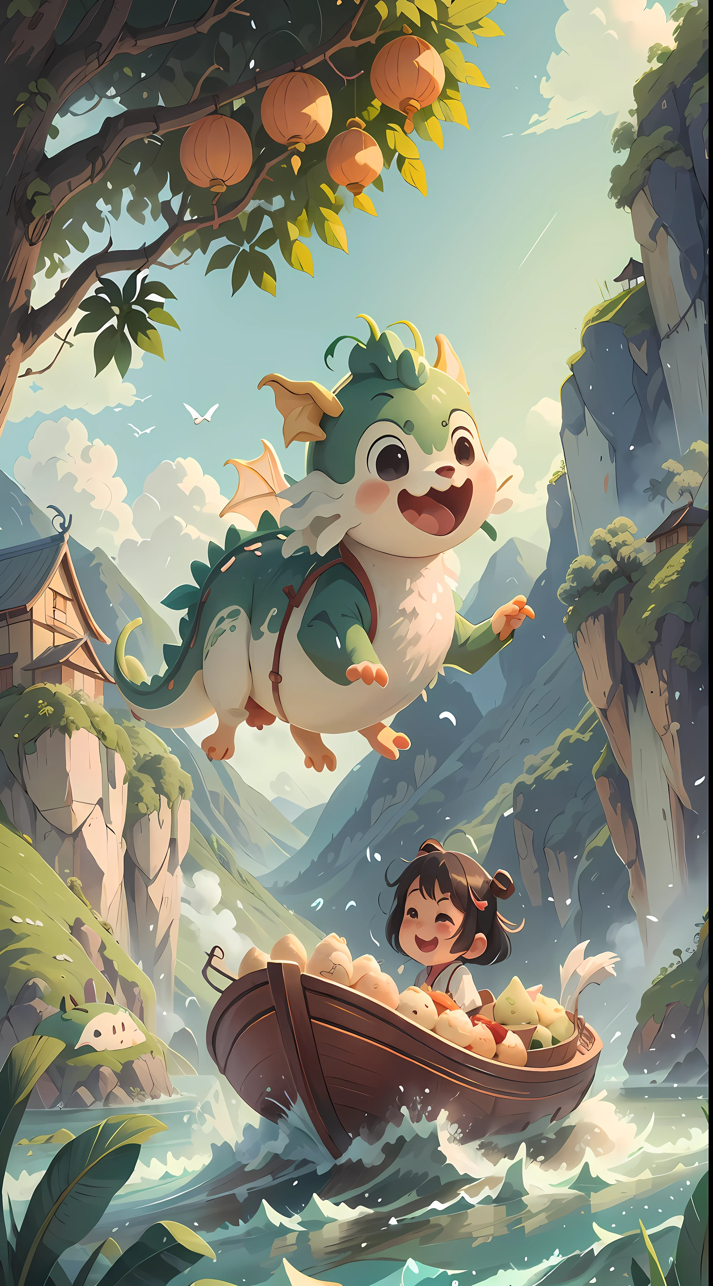 Cute Chinese dragon in the clouds, revealing the dragon's head, rice dumpling leaves on the river rolling cut salted duck eggs and rice dumplings, small boats made of rice dumpling leaves, rolling on the waves, a girl laughing happily on the boat, pastries floating on the river, cut salted duck eggs, cute dragon heads in the waves look thrilling, flying rice dumpling leaves, the background is stretching green mountains, close-up view has oversized rice dumplings on the river, illustration, high quality, anime, anime style, anime