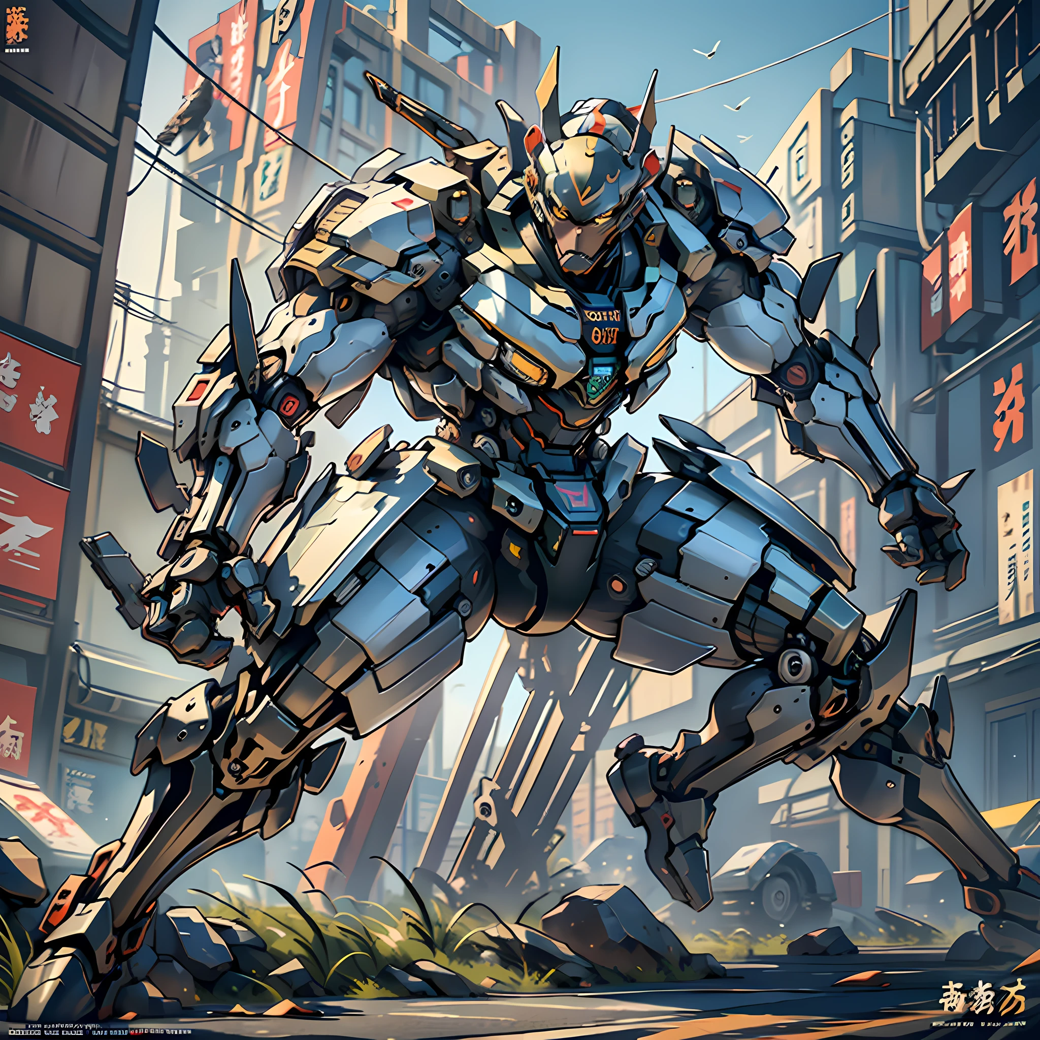 Mechanized monkey head, anthropomorphic design, with mecha elements, tattoos, presenting a fighting stance, fierce and powerful, showing every exquisite detail, full body, composition, proportions, (best quality), (super detailed), (best illustration), (best shadow), official art, ray tracing, depth of field, solo, extreme light and shadow, beetle juice