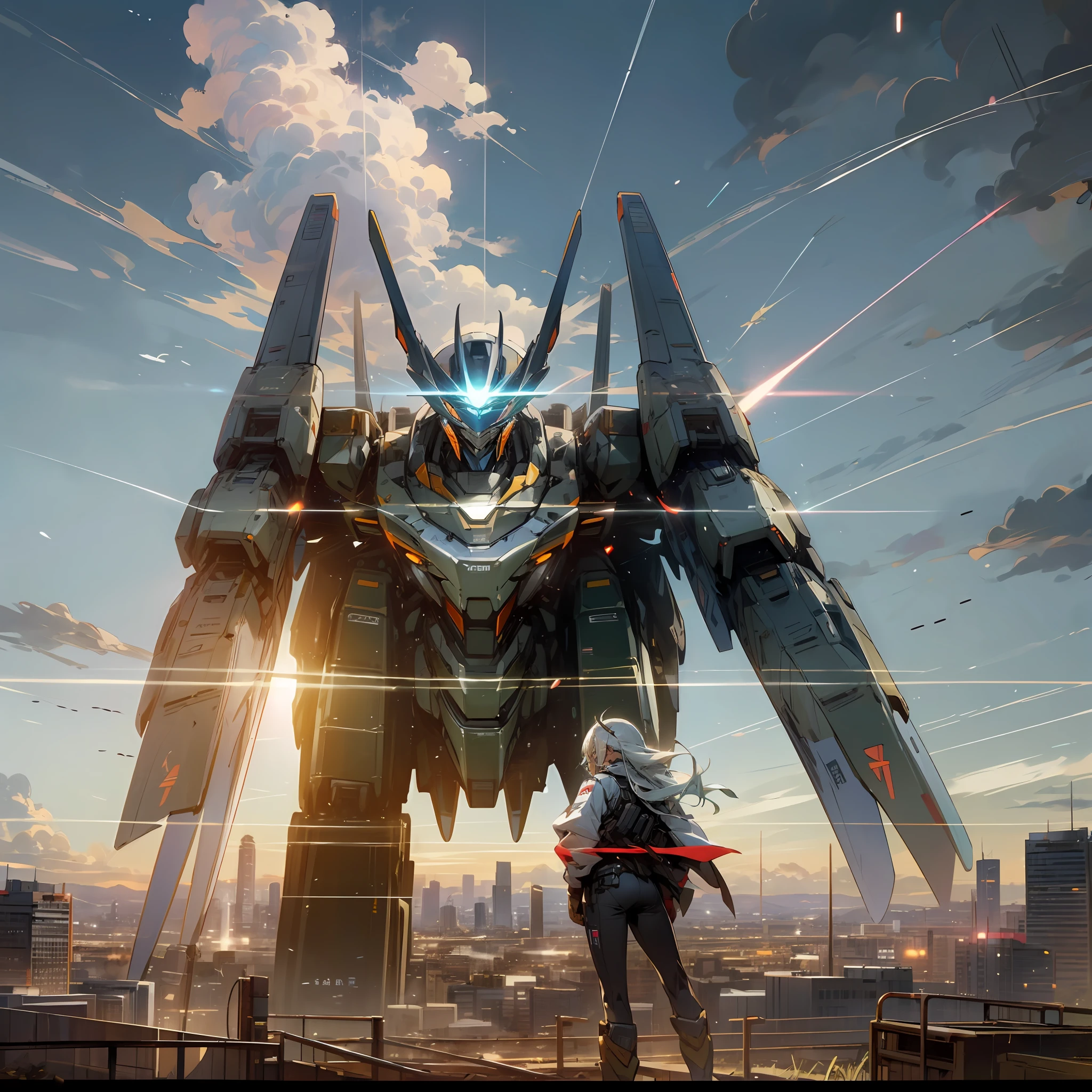 Photos of expansive landscapes, (from below, sky above, open fields below), pilot in front of mecha, mecha behind pilot, beautiful girl pilot, holding_weapon, no_humans, glow, robot, building, glowing_eyes, mecha, science fiction, city, reality, mecha --auto --s2