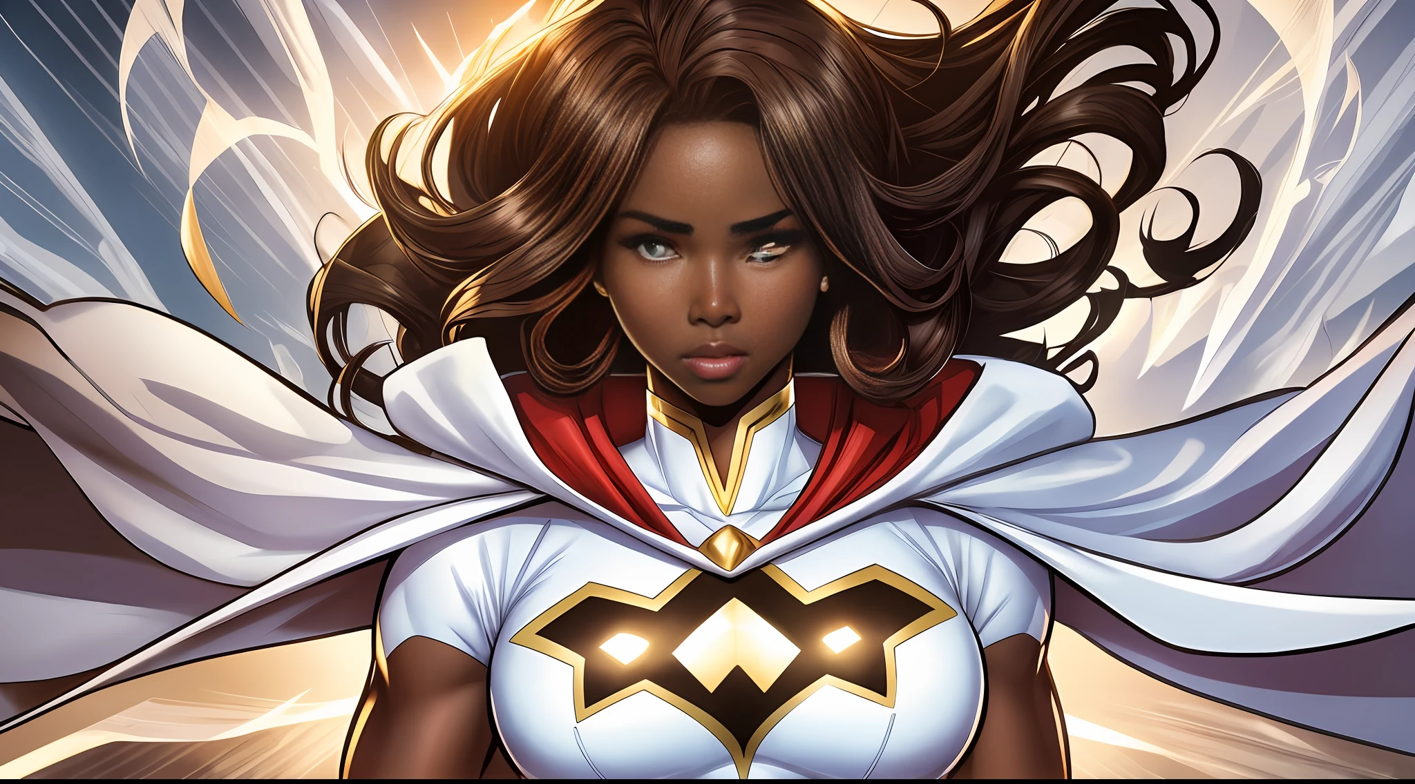 2d comic character, superhero, woman, brown skin, powerful, white cape. --auto --s2