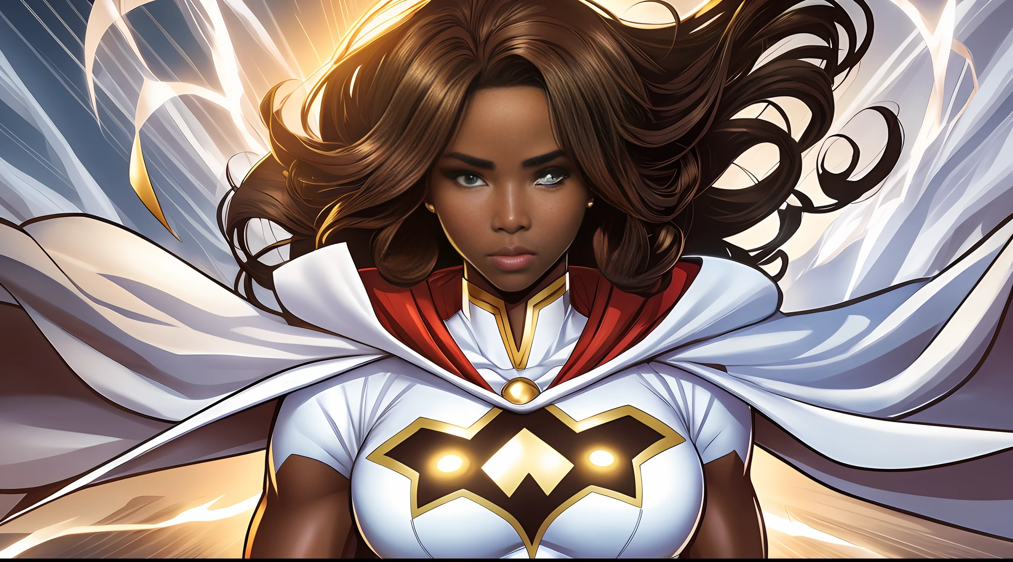 2d comic character, superhero, woman, brown skin, powerful, white cape. --auto --s2