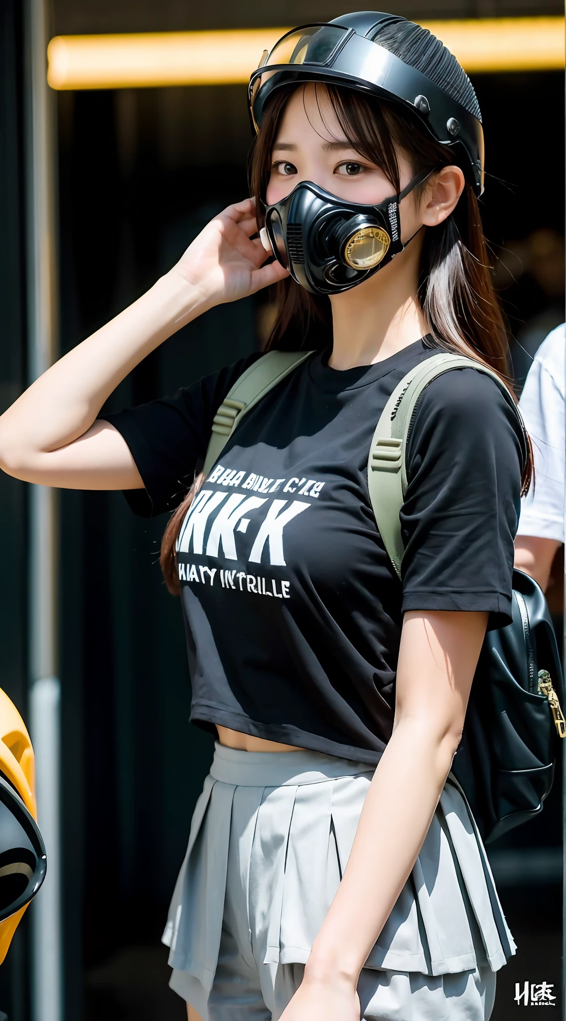 Fancy hair, helmet, schoolgirl. protest, black coordination, hot pants, gas mask, knit, , , sneakers, hong kong, Molotov cocktail, group, running, black t-shirt