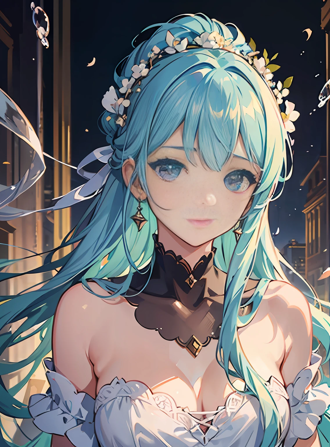 (masterpiece), (best quality), (ultra detailed),(disheveled hair),(illustration), (1girl), (Fashionable clothing), standing, Fashion model, looking at viewer, (interview), (simple background),beautiful detailed eyes, delicate beautiful face, Floating,(high saturation),(colorful splashes),colorful bubble,(shining), focus on face,  ponytail, kamisato ayaka, light blue hair, bangs, hair ring, floating flowers, floating hairs, (shining), best lighting, best shadow,