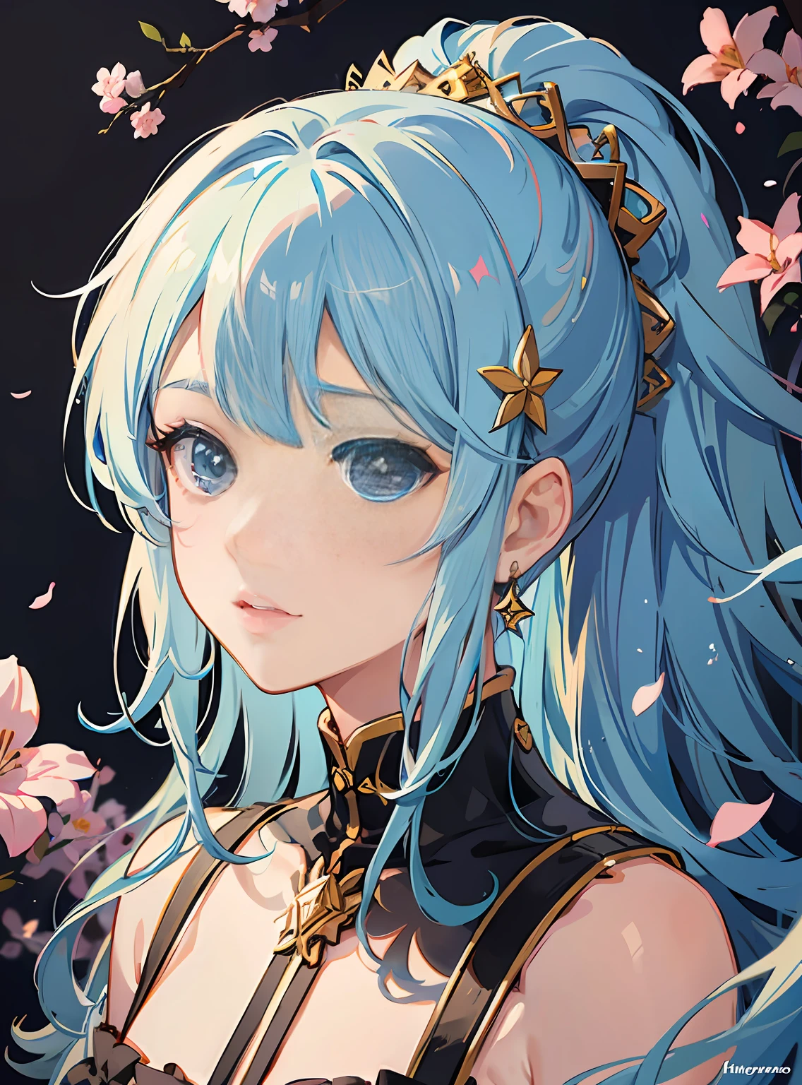 (masterpiece), (best quality), (ultra detailed),(disheveled hair),(illustration), (1girl), (Fashionable clothing), standing, Fashion model, looking at viewer, (interview), (simple background),beautiful detailed eyes, delicate beautiful face, Floating,(high saturation),(colorful splashes),colorful bubble,(shining), focus on face, ponytail, kamisato ayaka, light blue hair, bangs, hair ring, floating flowers, floating hairs, (shining), best lighting, best shadow,