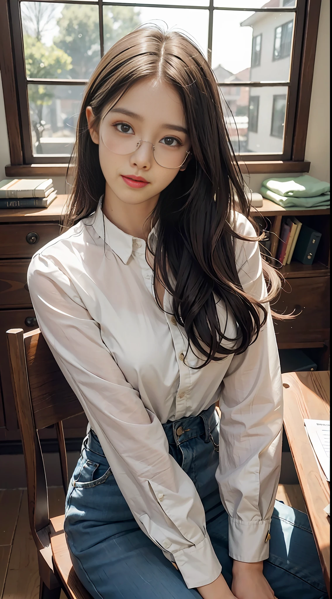 Motivational seminar, seminar setting, 1girl, beautiful lighting, top quality, MASTERPIECE, super uplifting, photorealistic, seminar chair installation, looking at the front, putting hands on cheeks, love, happiness, very cute, lovey, feminine outfit, neat and clean clothes, beautiful glasses, very long hair,