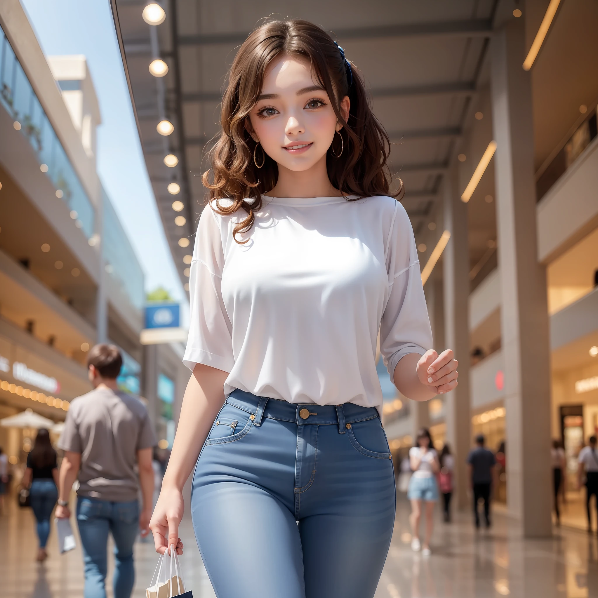 Masterpiece, best quality, super detailed,a beautiful girl,Curly hair, smile face,wearing white shirt and blue jeans, walking in the shopping malls, beautiful shopping malls background , detailed skin,8K, full body shot