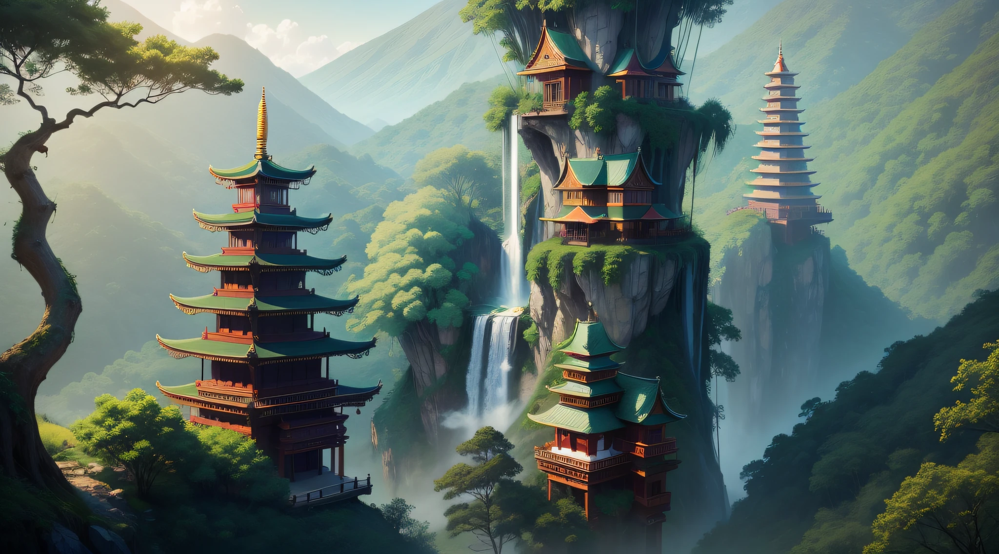 At the highest point of the mountain, there is a majestic temple, a cascading waterfall, a fresh green bamboo forest, and a towering tower