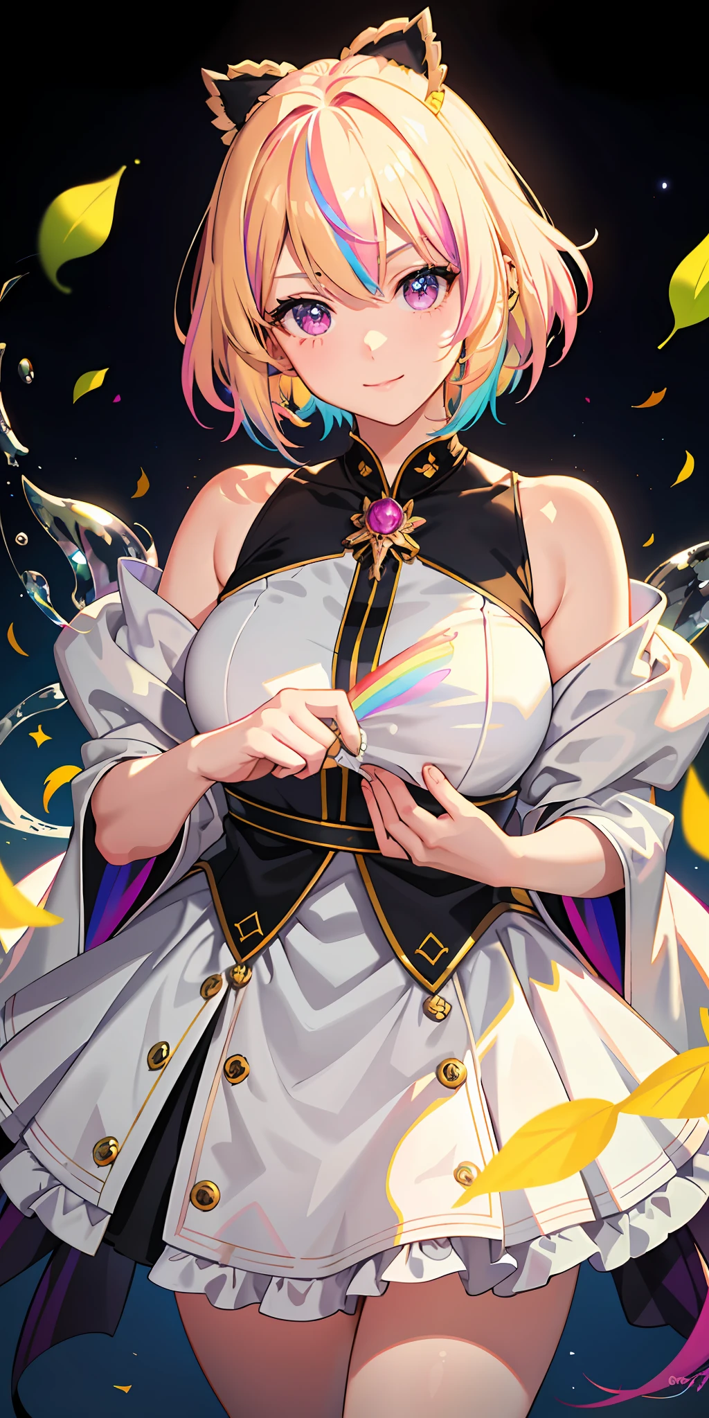 1 girl, bright, blonde, short hair, multicolored hair, purple eyes, saleme, head mask, side lights, light particles, wallpaper, big, plump, plump idol, idol costume, loose, fluffy, quiet, smile, cute, mature, gentle, clear, sexy, ((disheveled hair)), (beautiful white young girl), beautiful eyes, hair between the eyes, asymmetrical bangs, hair behind the ears, hair on one eyebrow, delicate facial features, Urban_Fantasy, alchemist, ((delicate and beautiful)), (fantasy), ((rainbow)), (liquid), best shadow, sunlight, hollow, colorful, pink petals, golden leaves, (blue leaves), lens flares, pastel colors,