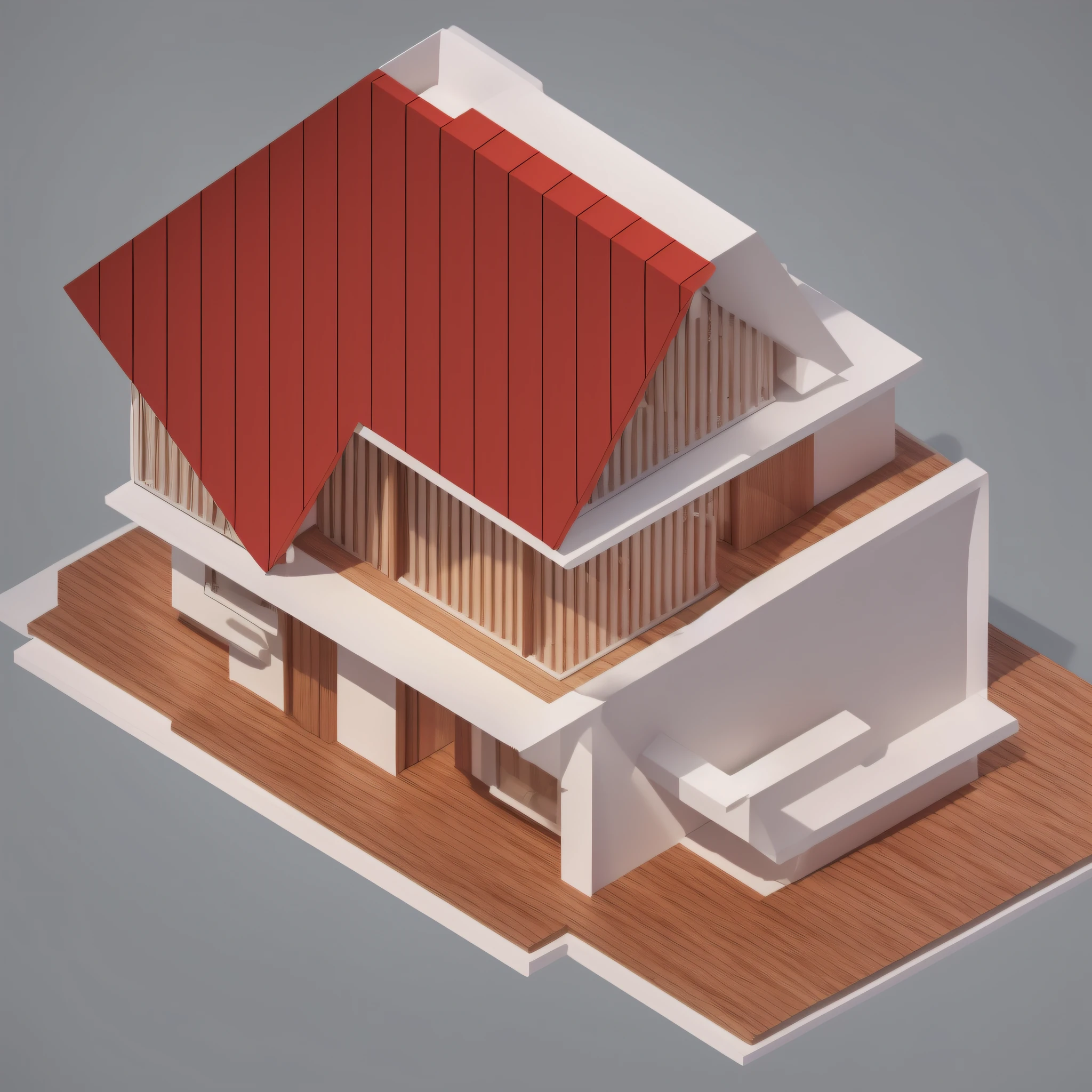 an award winnng architectural house, small house, 2 stories, white wall, red bricks and wood lattices, isometric view