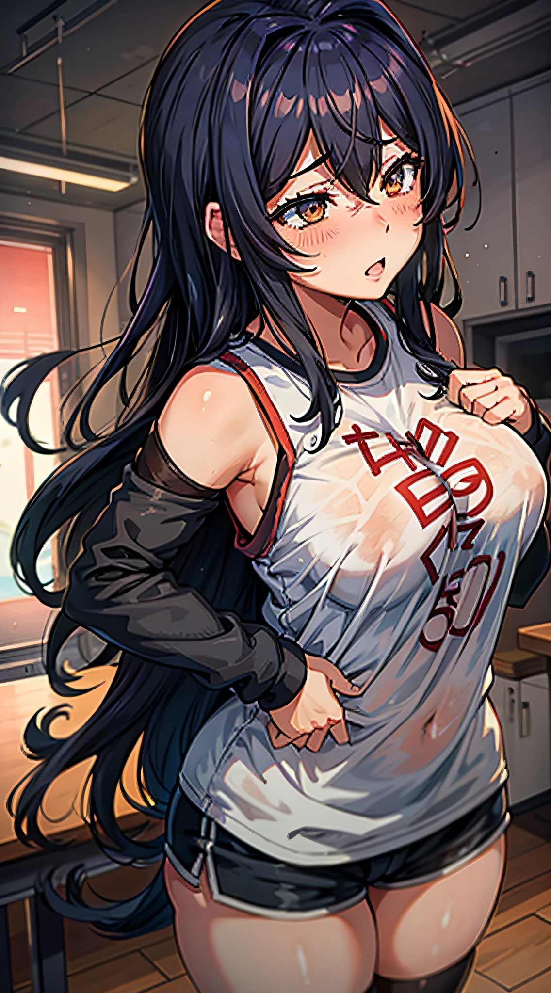 Two women having fun in the classroom, lewd: 1,2, hentai: 1,2, NSFW: 1,2, lesbian micah: 1,2, grabbing each other's ass, kissing, blushing, wet sleeveless t-shirt, shorts, anatomically correct