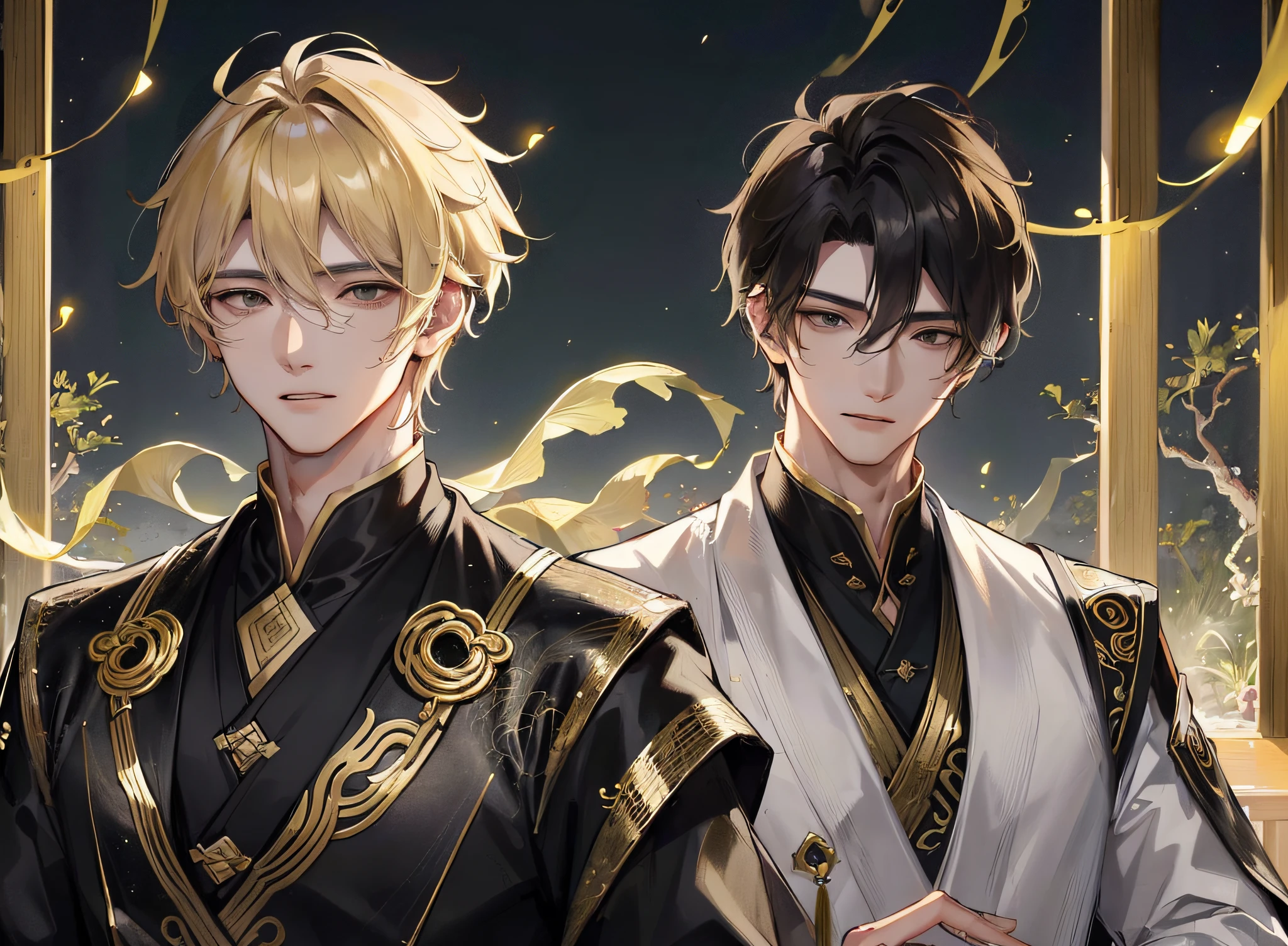 Masterpiece, superlative, outdoor night full moon, lakeside garden branches, fireflies, 1 male Chinese style, ancient Chinese short blonde hair, black eyes, handsome, masculine, gentle, tall and calm, black and gold mixed dragon pattern prince, delicate facial features and facial features on rainy days