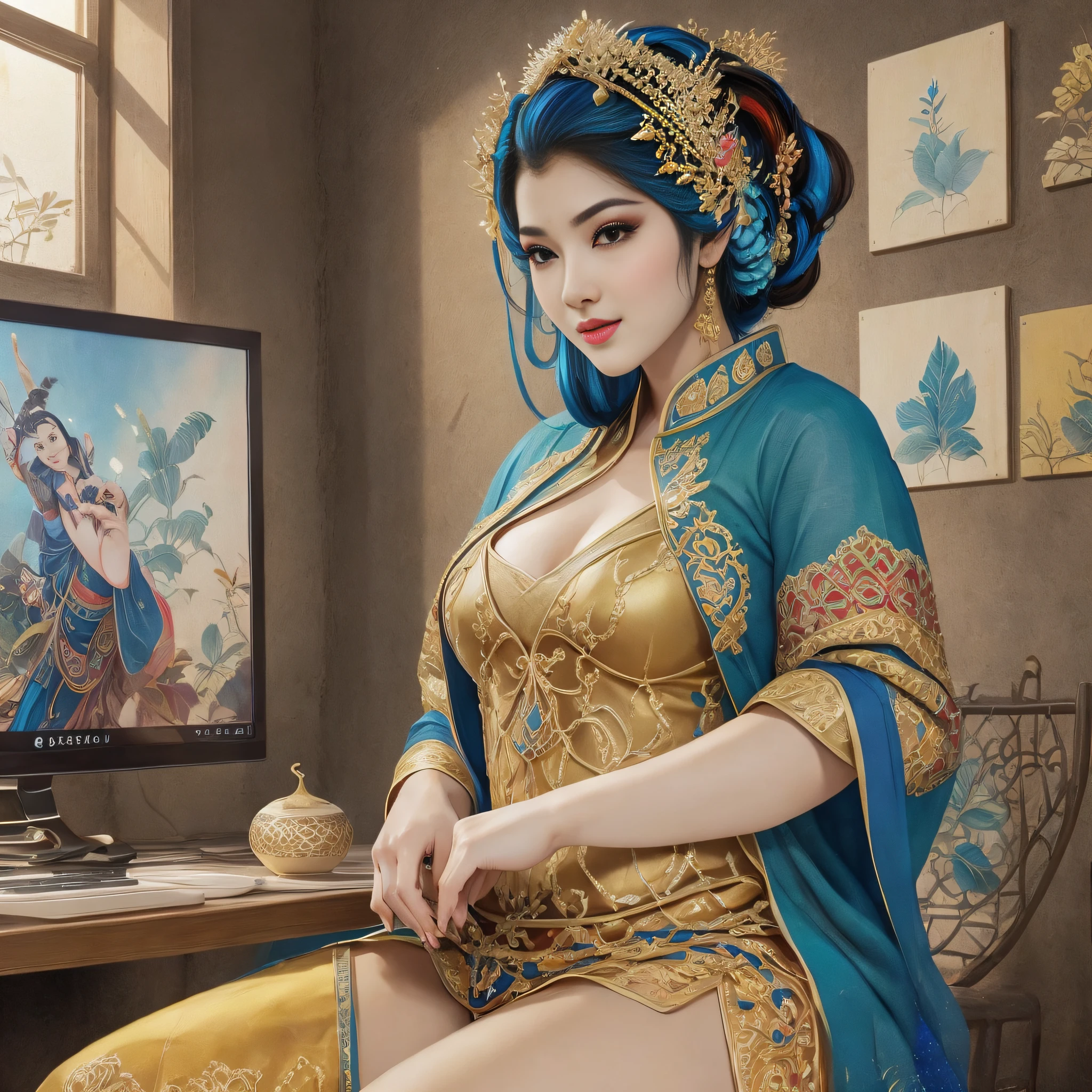 Sitting in front of me in front of the PC playing online games（glory of the king）The sexy hijabi player girl（Busty ass，There are panties）of paintings，25 years old，Very detailed skin，colored eyes，Multi-colored hair，Decorate the walls，mature face，A toothless smile，Dark hair，kebaya，puffy，batik