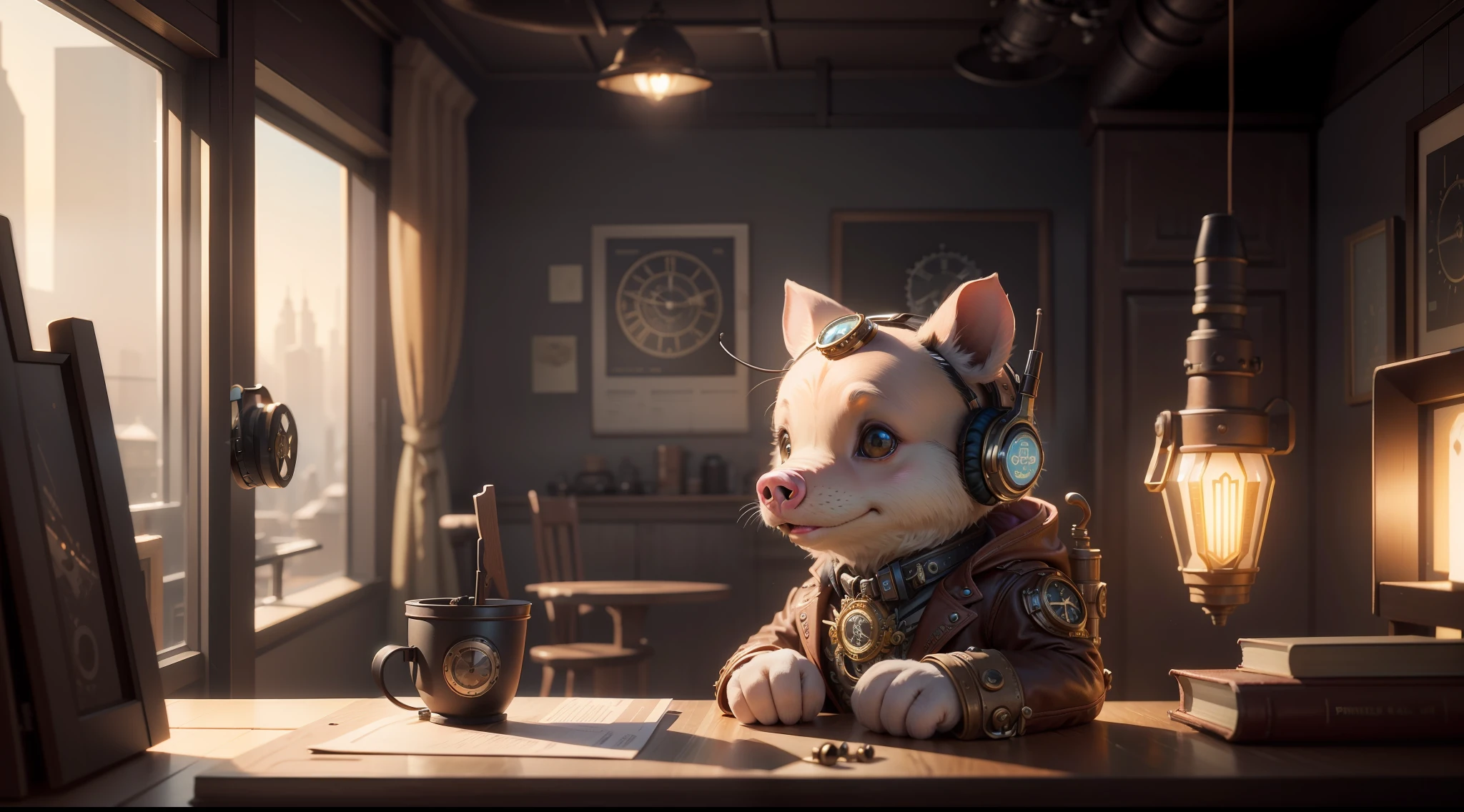 / Imagination Tips: Illustration of steampunk piglet with headphones on table: :10, mechanical headphones: rule of thirds composition: :8, tilt shift: :13, ultra-wide lens: :3, Unreal Engine: :15, studio lights: :8, beautiful lights: :13, cinematic light: :12, bold bright: :10, dramatic::13, super quality: :12, steampunk cityscape: :14 --seed 32455 --s 400 --q 2 --c 40
