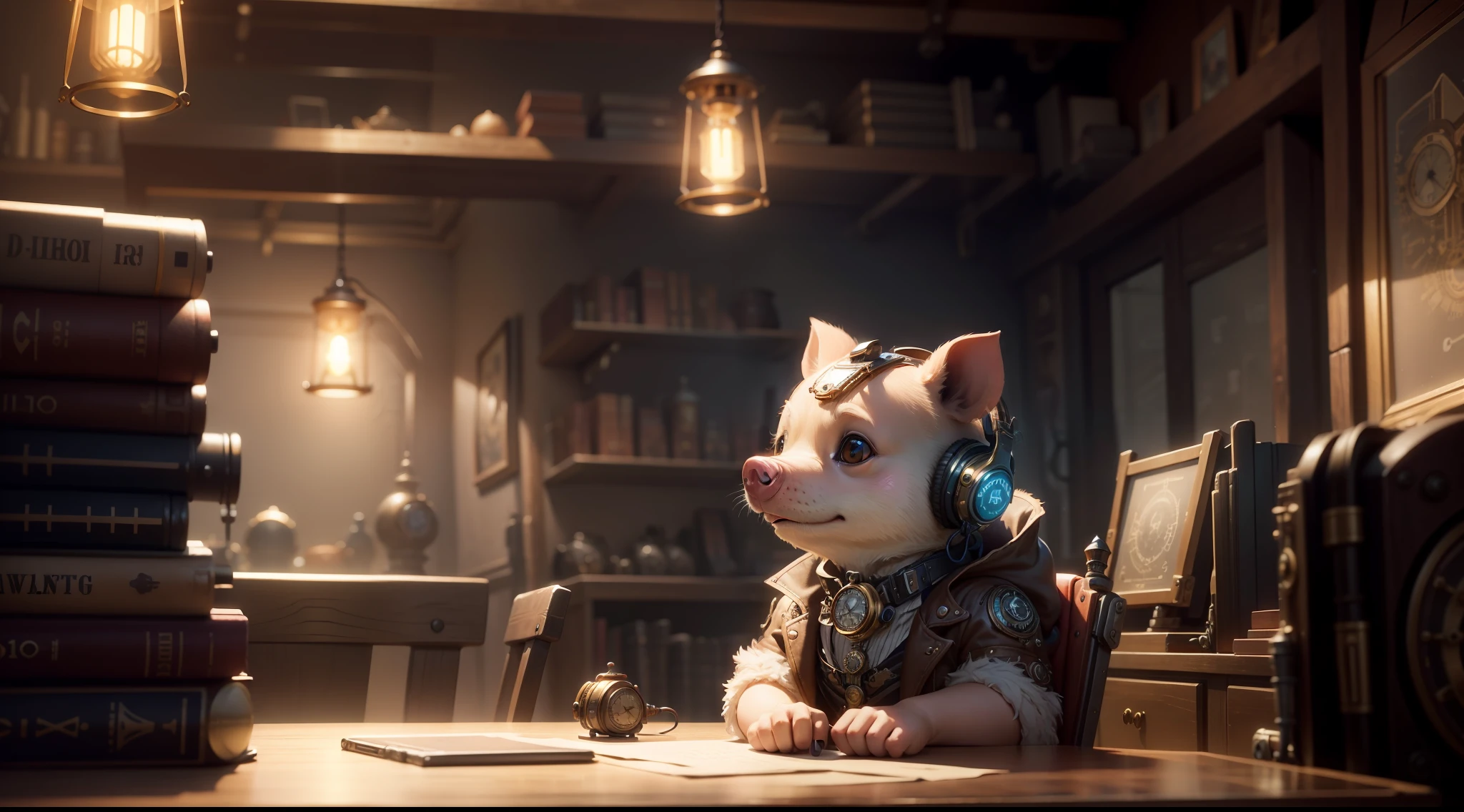 / Imagination Tips: Illustration of steampunk piglet with headphones on table: :10, mechanical headphones: rule of thirds composition: :8, tilt shift: :13, ultra-wide lens: :3, Unreal Engine: :15, studio lights: :8, beautiful lights: :13, cinematic light: :12, bold bright: :10, dramatic::13, super quality: :12, steampunk cityscape: :14 --seed 32455 --s 400 --q 2 --c 40