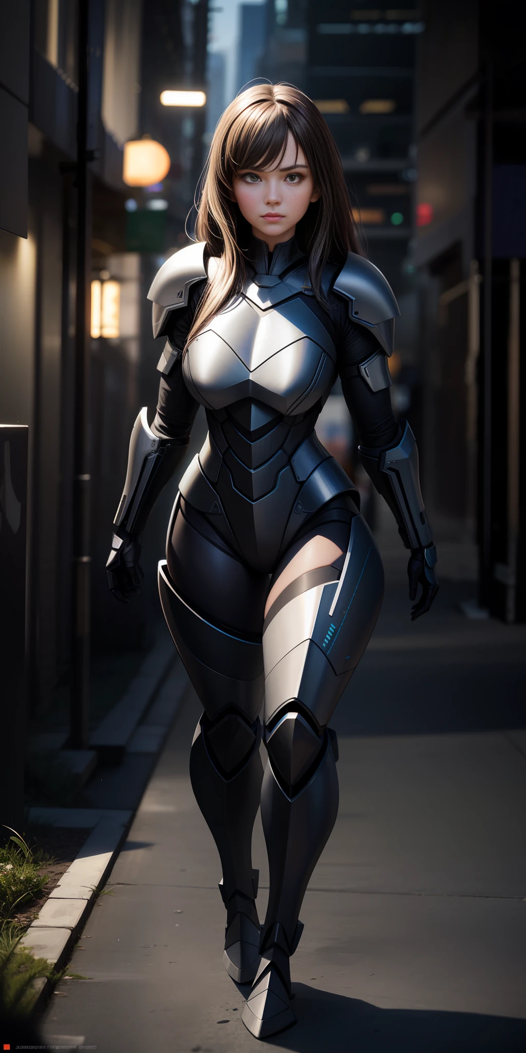 Majestic, 25 yo girl, stealth armour dress, large breasts:1.3, Cyberprep, amigurumi, portrait, realistic face, photorealistic face, Zbrush rendering, motion blur, interactive, clean colors, Dreamcore, flashlight lighting, realistic dramatic lighting, highly detailed environment, cinematic quality, Redshift rendering, 4k, strong gaze, walking towards the camera, full body