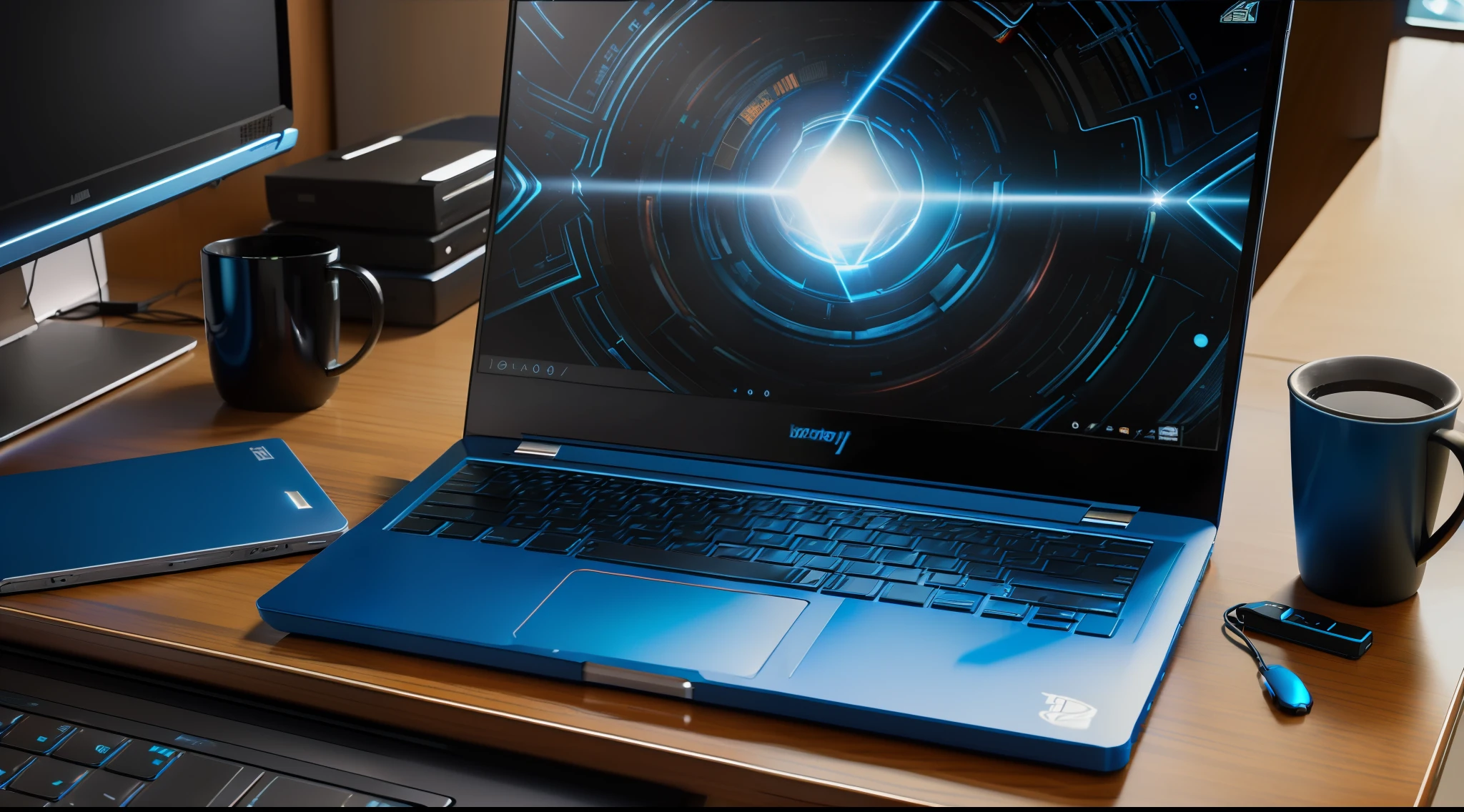 (ultra-detailed realistic photo:1.2, bouncy and colorful rendering:1.1, blue and black gaming notebook, black keys and flashing blue light, top view),(appears to be on a desk),(in an appropriate environment),(focus on the detail of the light around the keyboard),(shallow depth of field:0.8)
