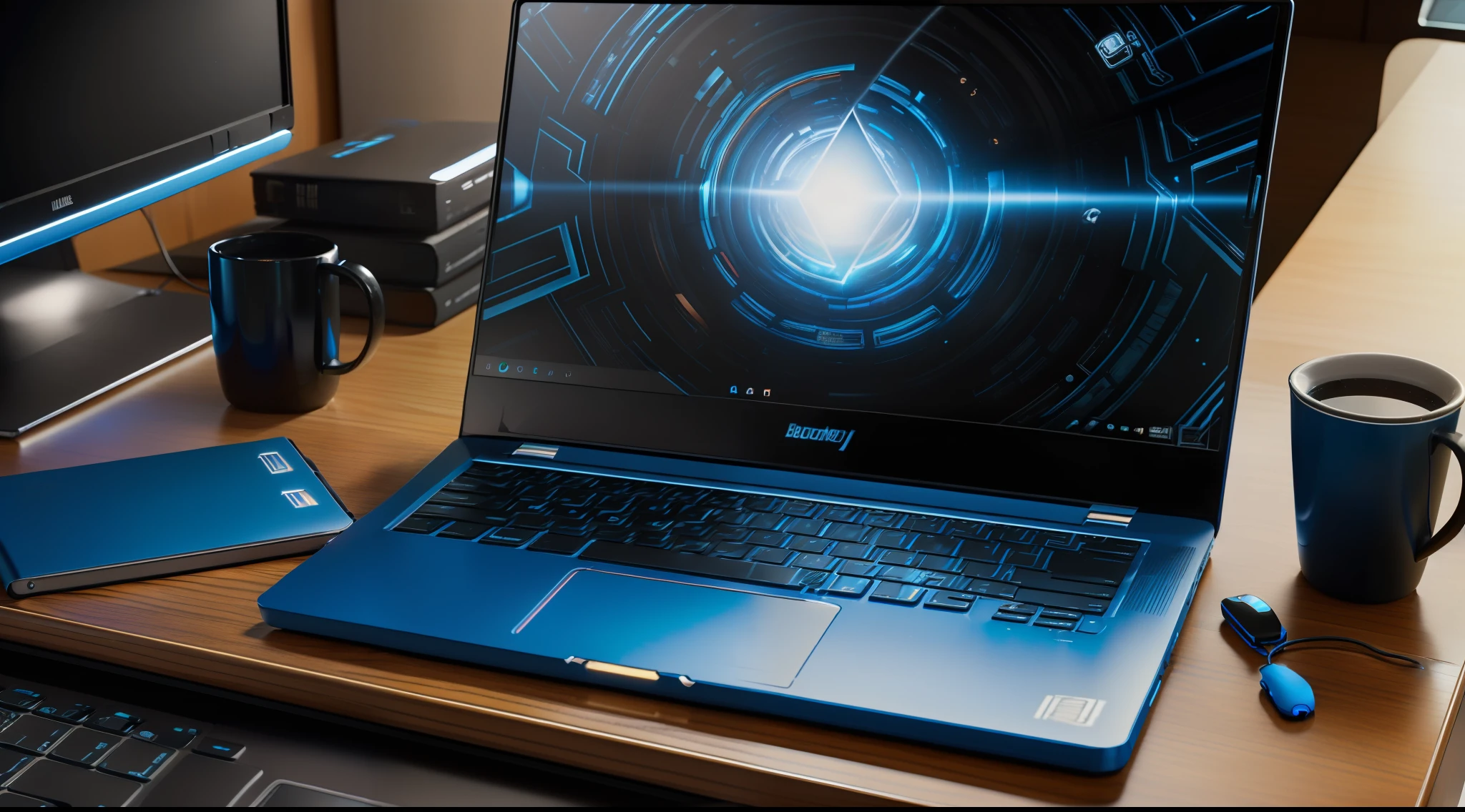 (ultra-detailed realistic photo:1.2, bouncy and colorful rendering:1.1, blue and black gaming notebook, black keys and flashing blue light, top view),(appears to be on a desk),(in an appropriate environment),(focus on the detail of the light around the keyboard),(shallow depth of field:0.8)