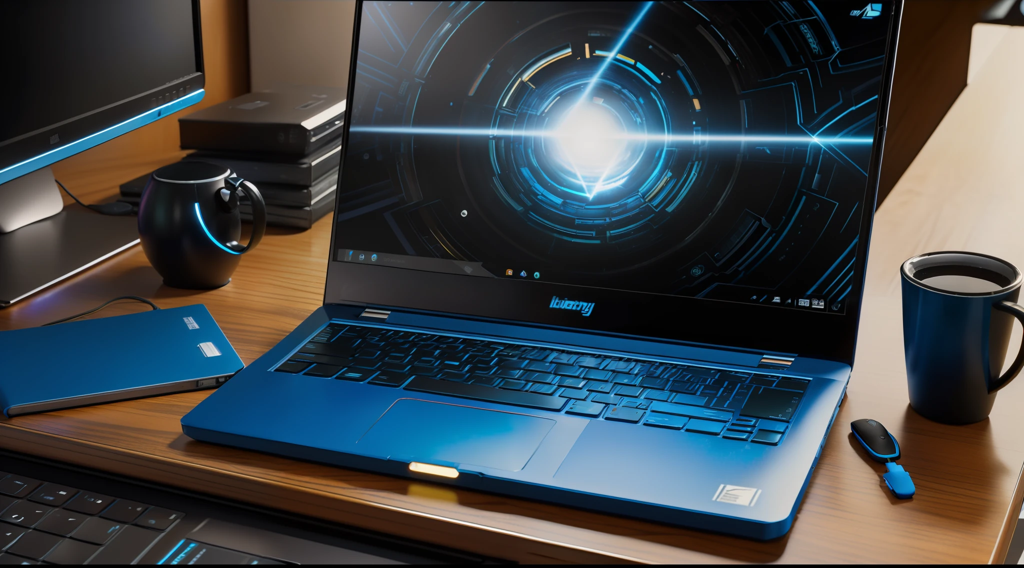 (ultra-detailed realistic photo:1.2, bouncy and colorful rendering:1.1, blue and black gaming notebook, black keys and flashing blue light, top view),(appears to be on a desk),(in an appropriate environment),(focus on the detail of the light around the keyboard),(shallow depth of field:0.8)