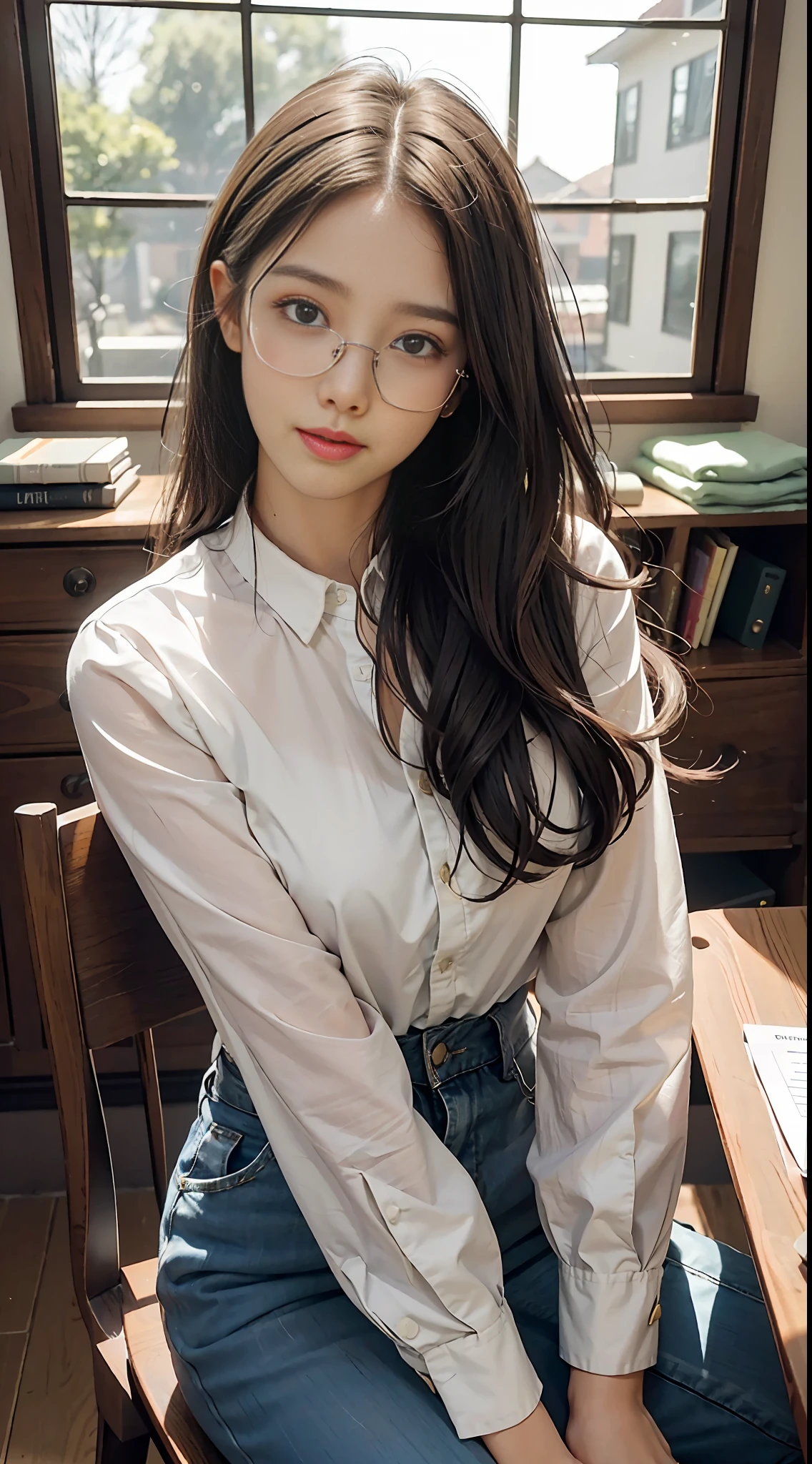 Motivational seminar, seminar setting, 1girl, beautiful lighting, top quality, MASTERPIECE, super uplifting, photorealistic, seminar chair installation, looking at the front, putting hands on cheeks, love, happiness, very cute, lovey, feminine outfit, neat and clean clothes, beautiful glasses, very long hair,