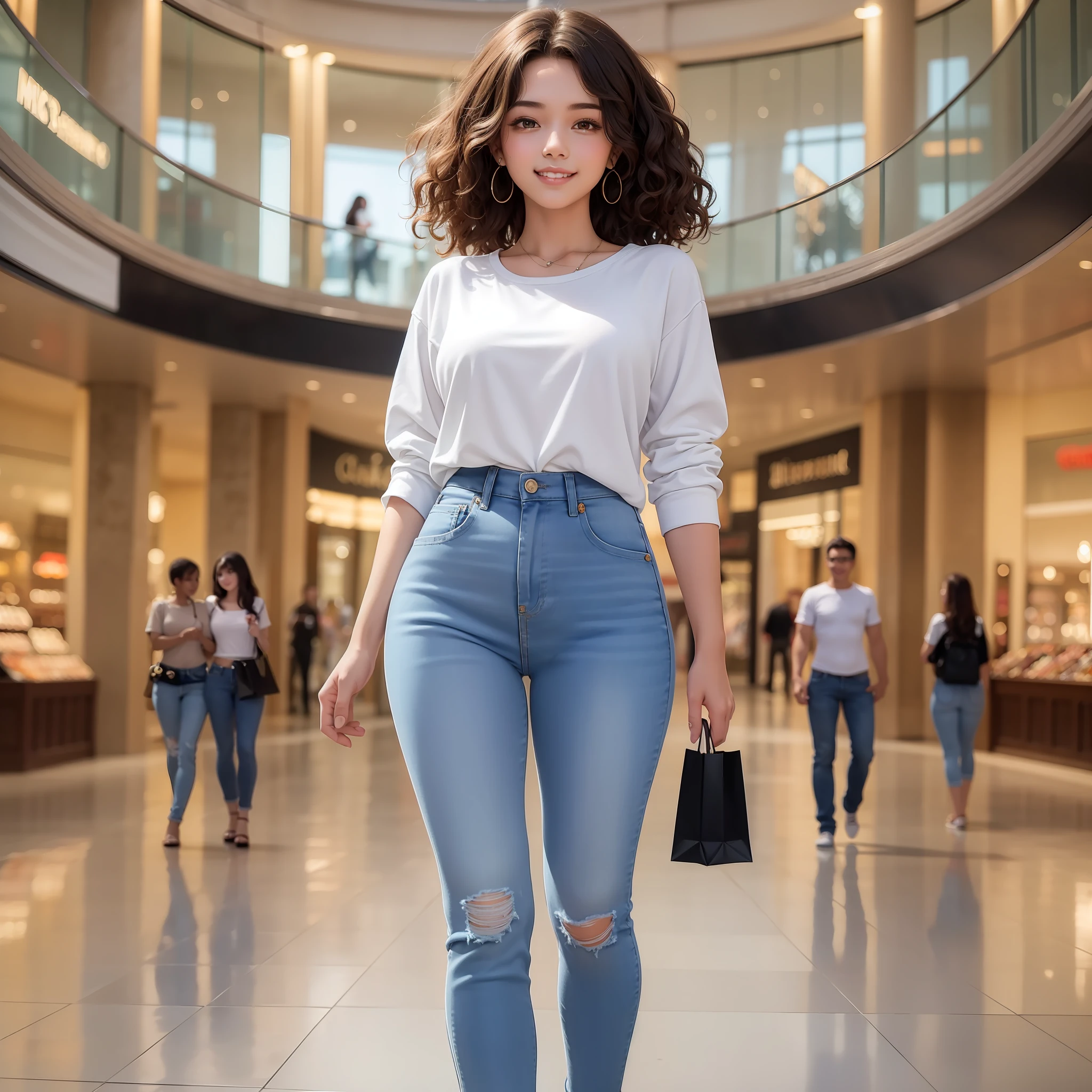 Masterpiece, best quality, super detailed,a beautiful girl,Curly hair, smile face,wearing white shirt and blue jeans, walking in the shopping malls, beautiful shopping malls background , detailed skin,8K, full body shot